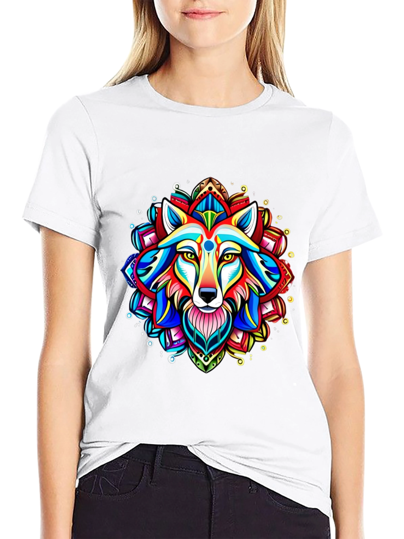 Vibrant Wolf Mandala Graphic Tee - Black Cotton T-Shirt
