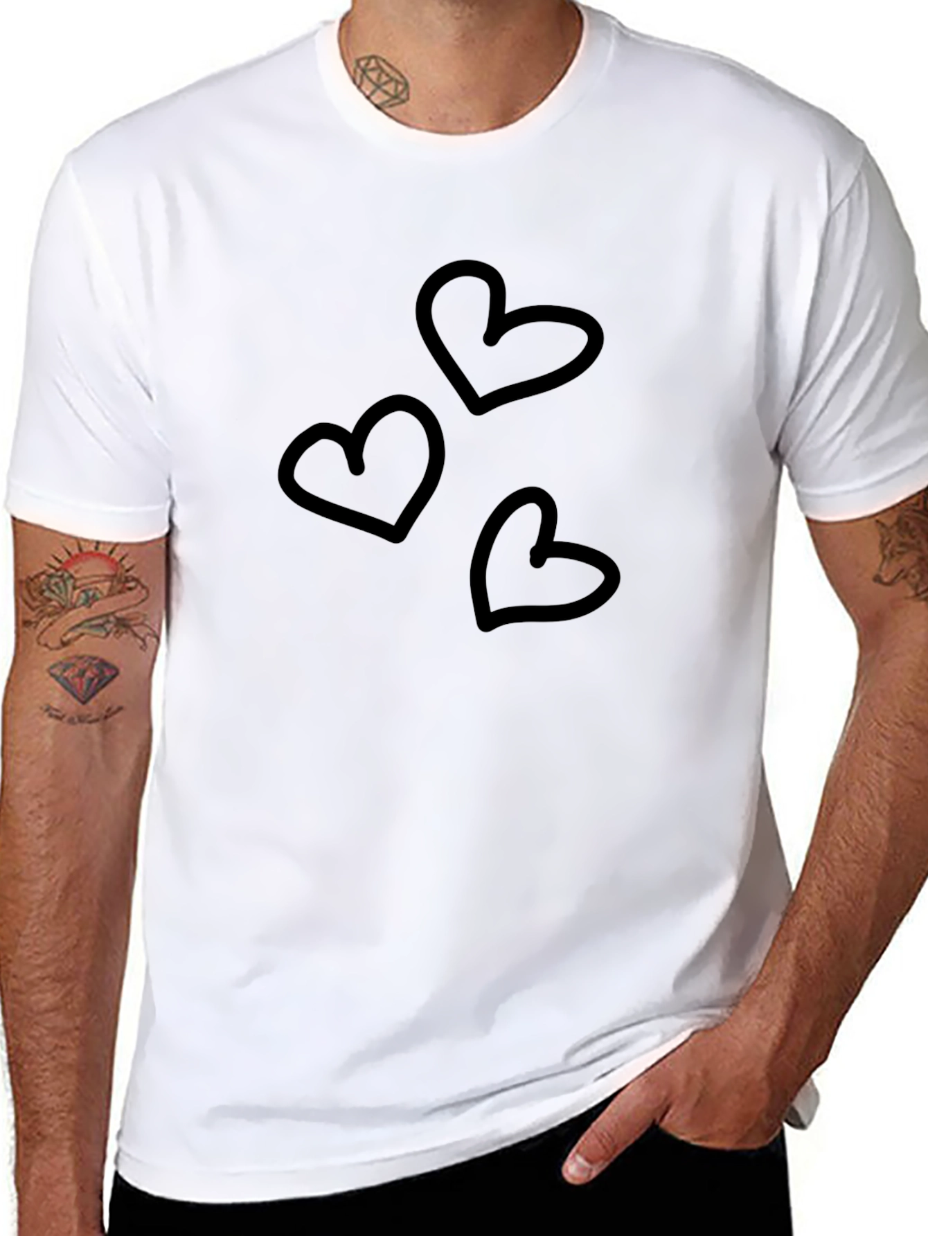 Heart Print Black Crewneck T-Shirt