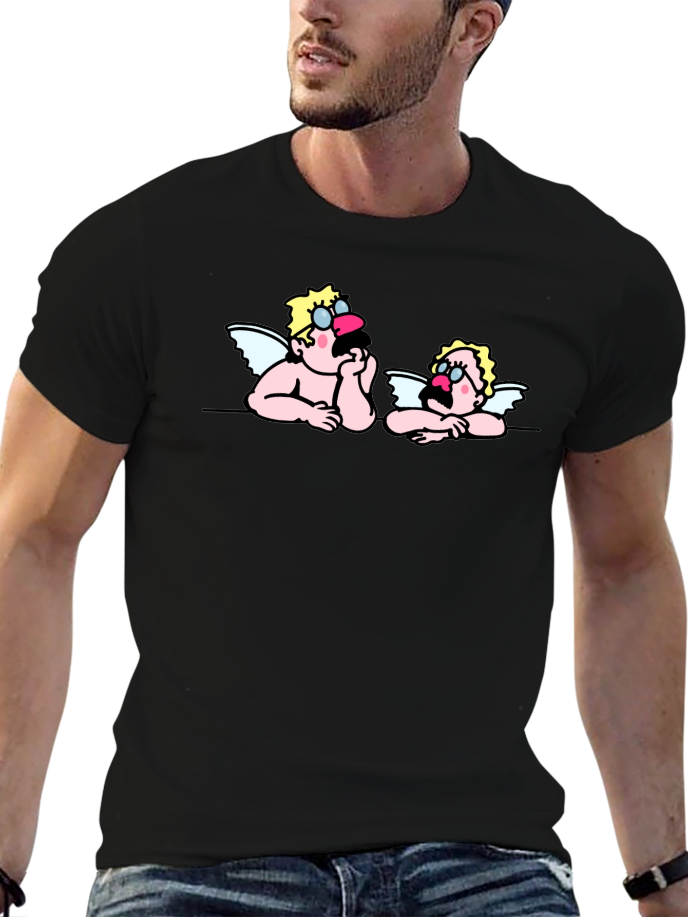 Cartoon Angel Graphic Tee - Black