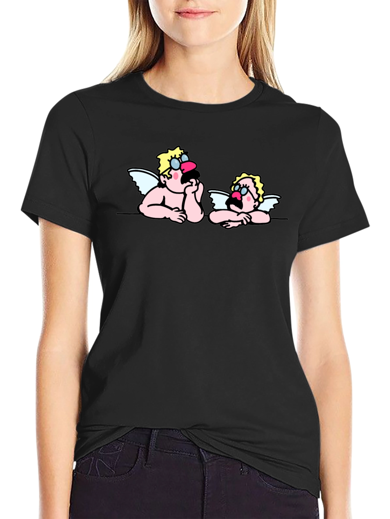 Cartoon Angel Graphic Tee - Black