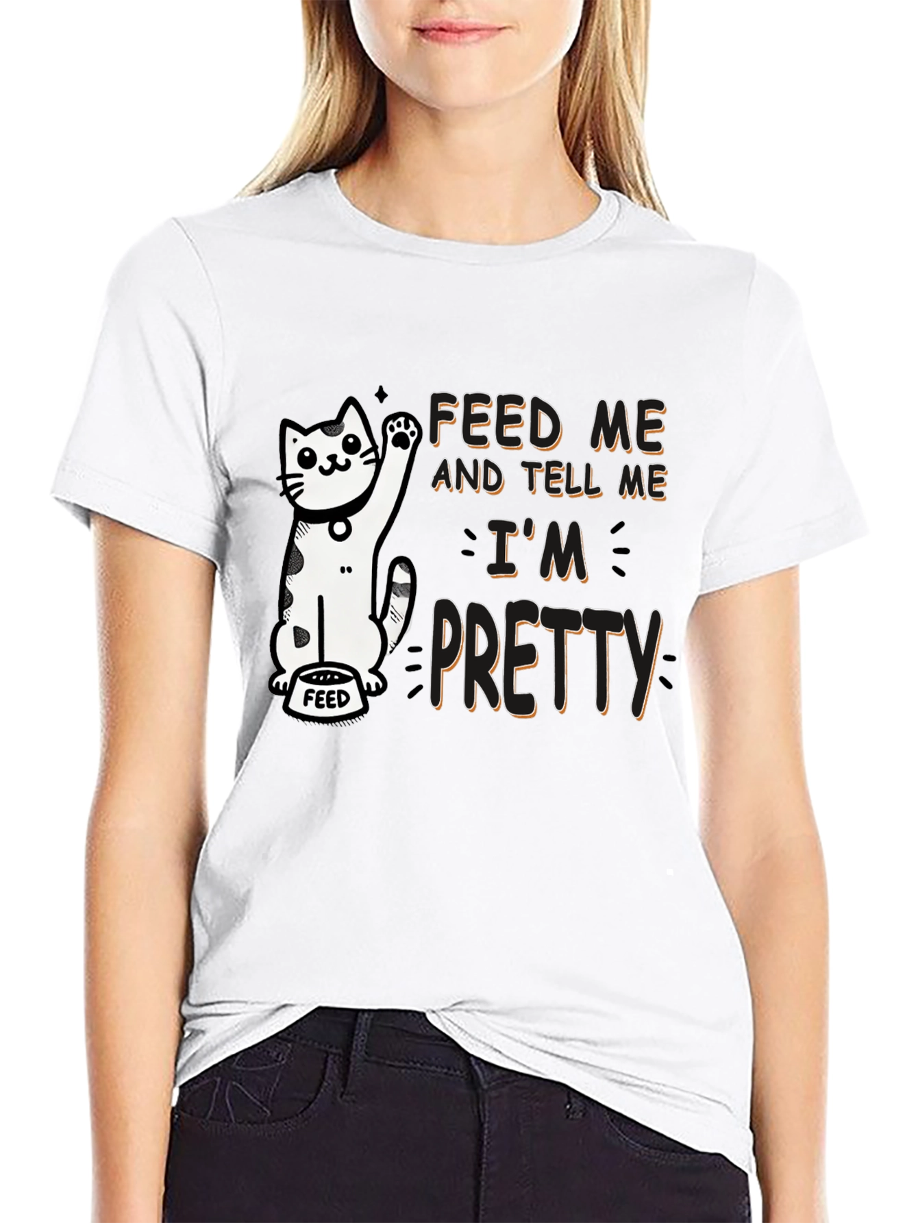 Feed Me Funny Cat Graphic T-Shirt