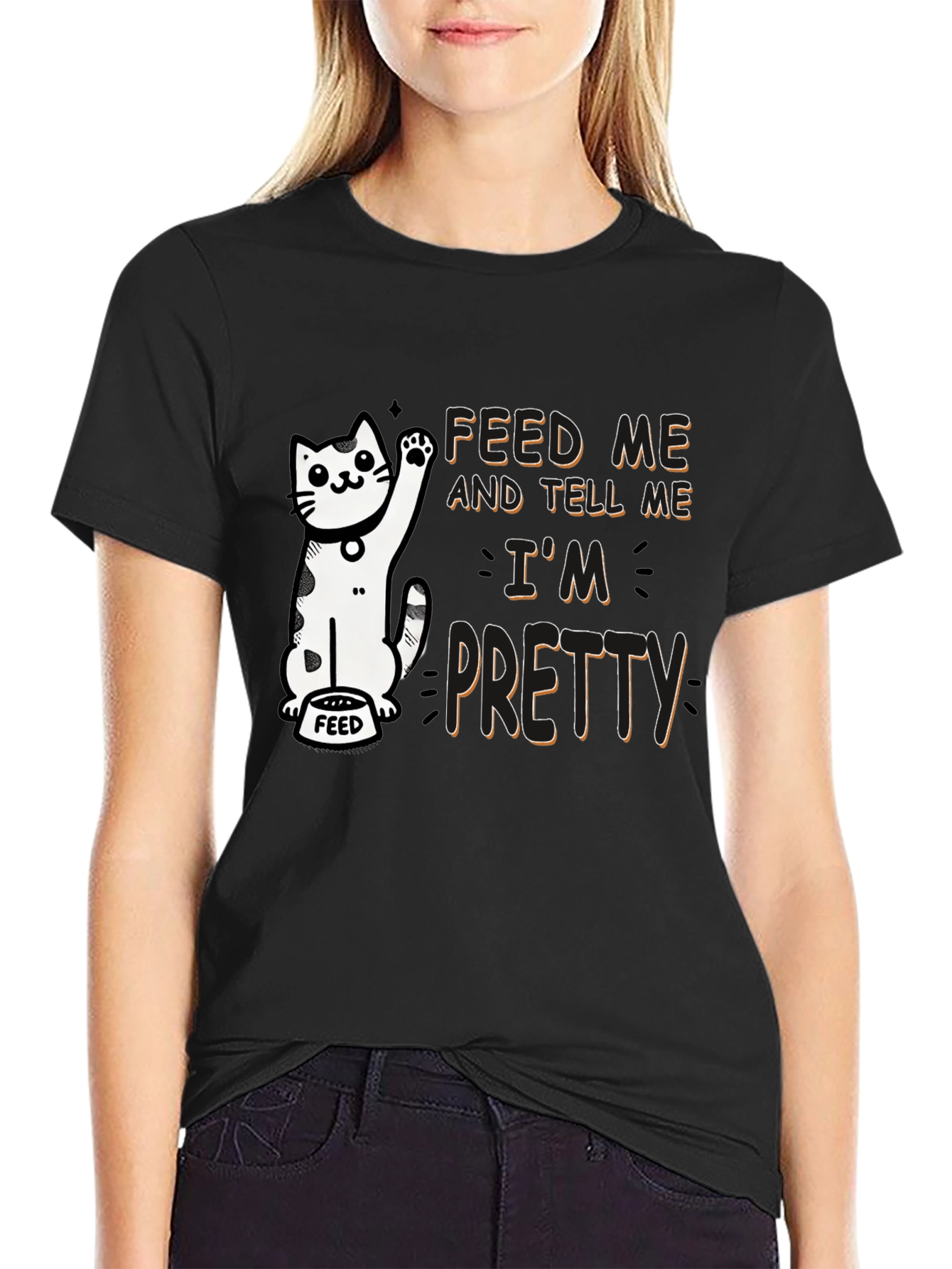 Feed Me Funny Cat Graphic T-Shirt