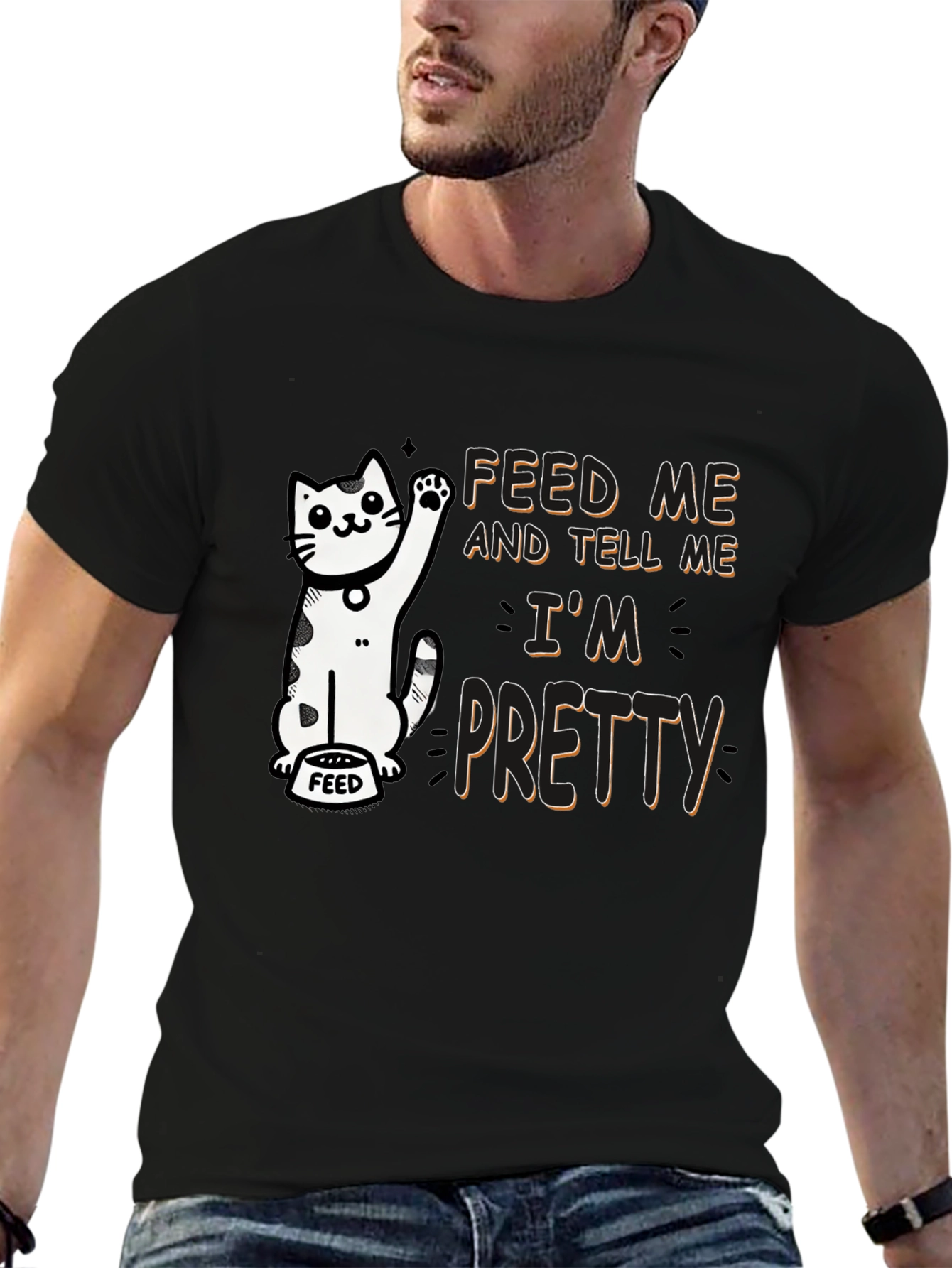 Feed Me Funny Cat Graphic T-Shirt
