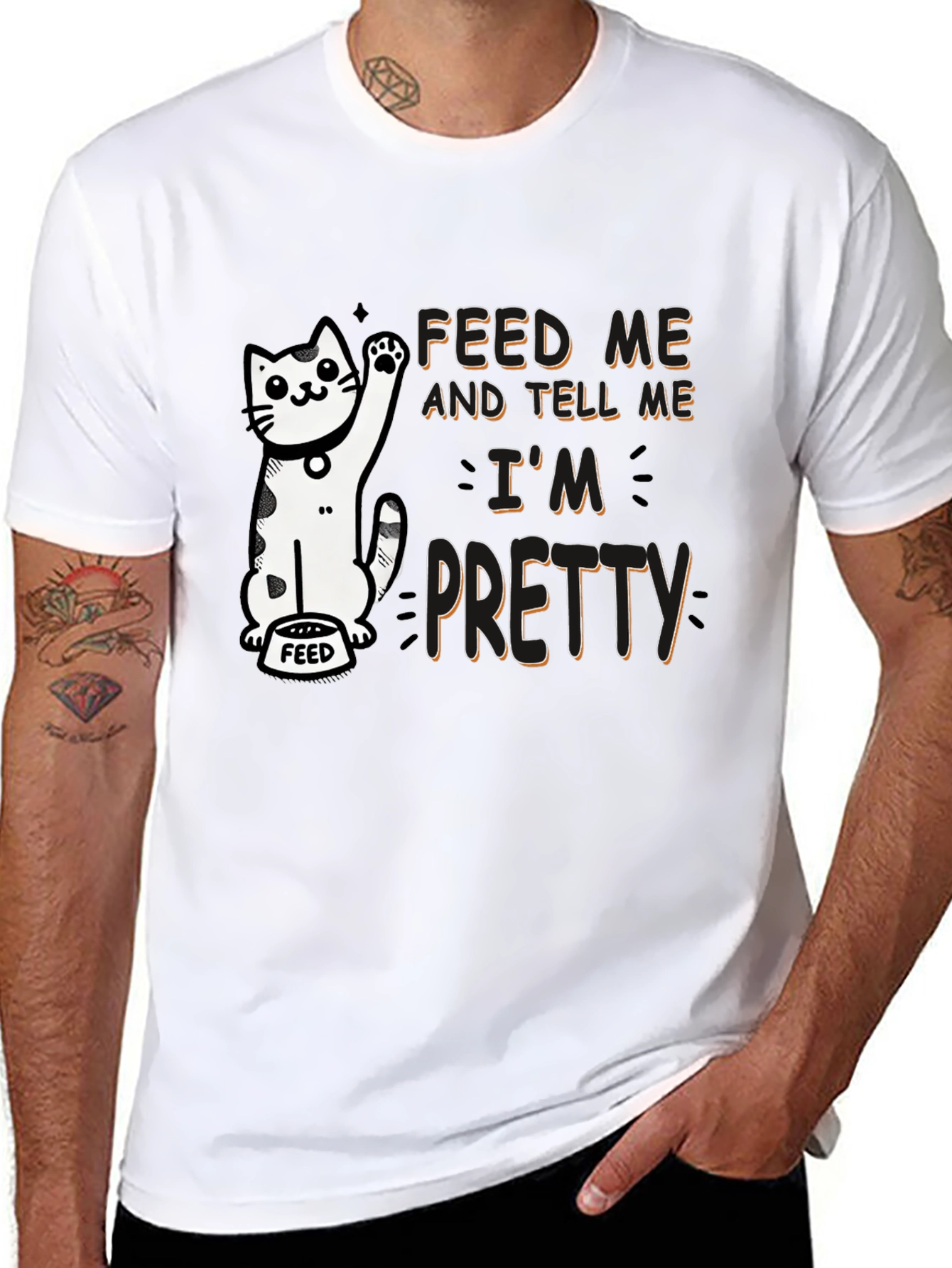 Feed Me Funny Cat Graphic T-Shirt
