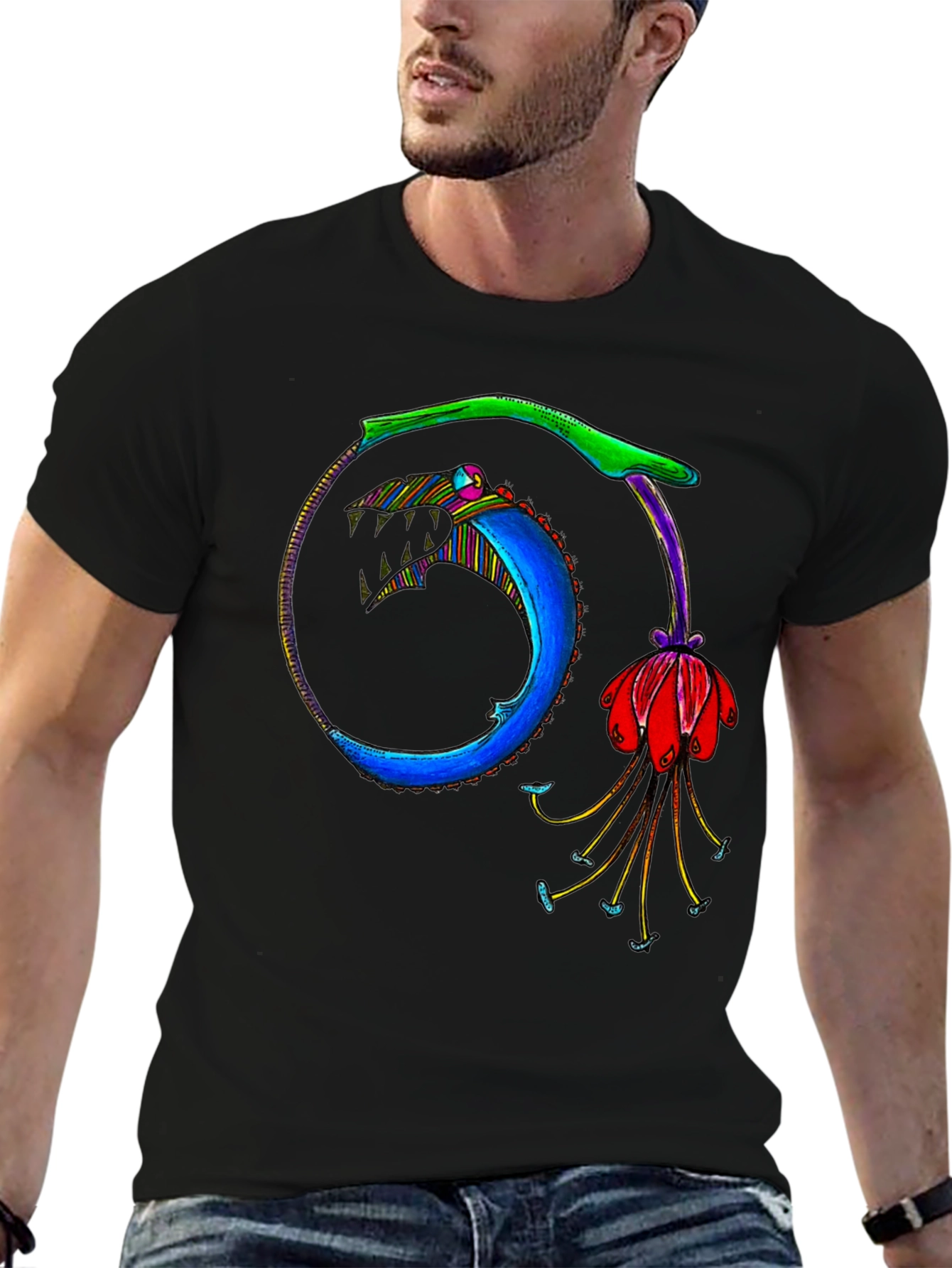 Ouroboros Flower Graphic Black T-Shirt