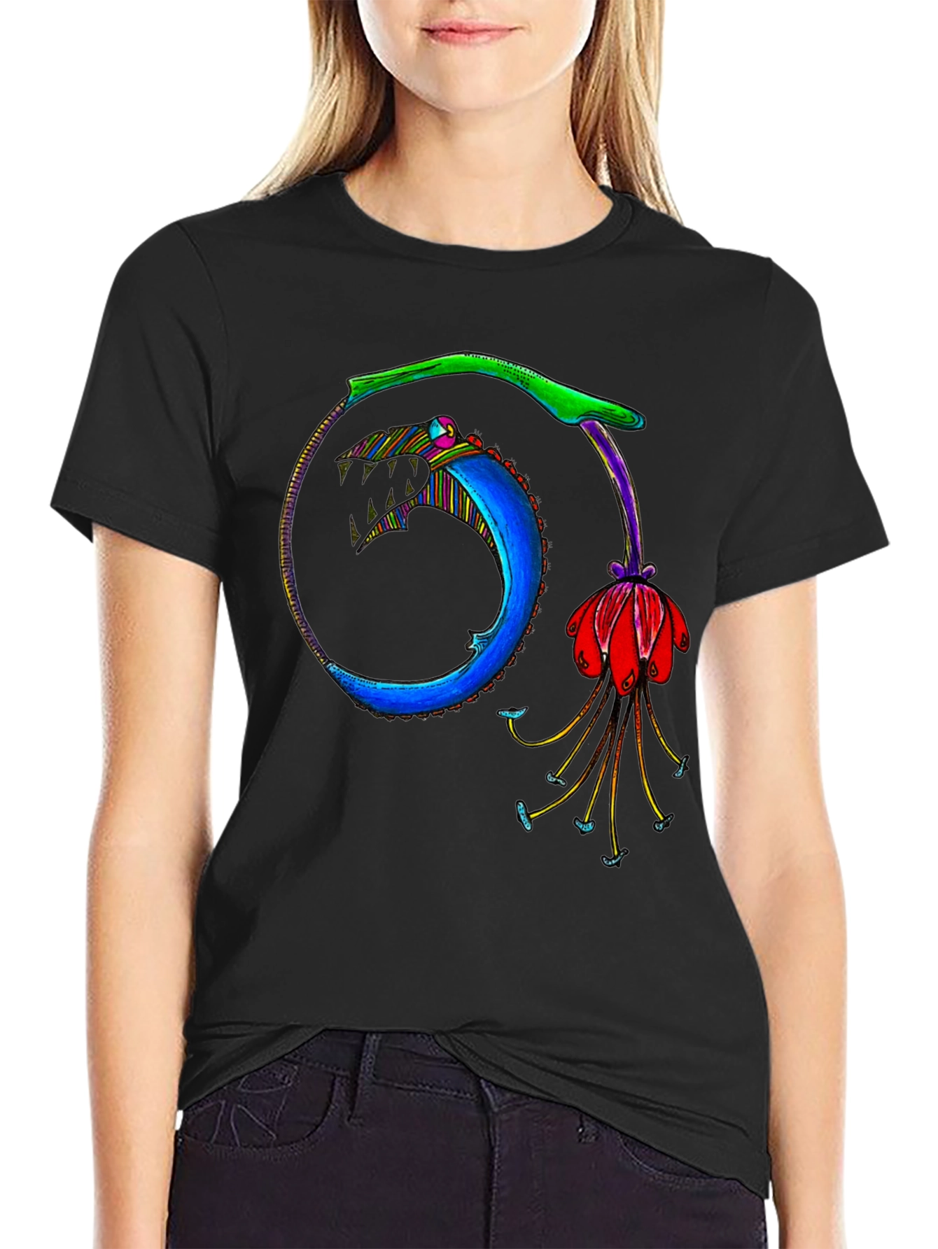 Ouroboros Flower Graphic Black T-Shirt