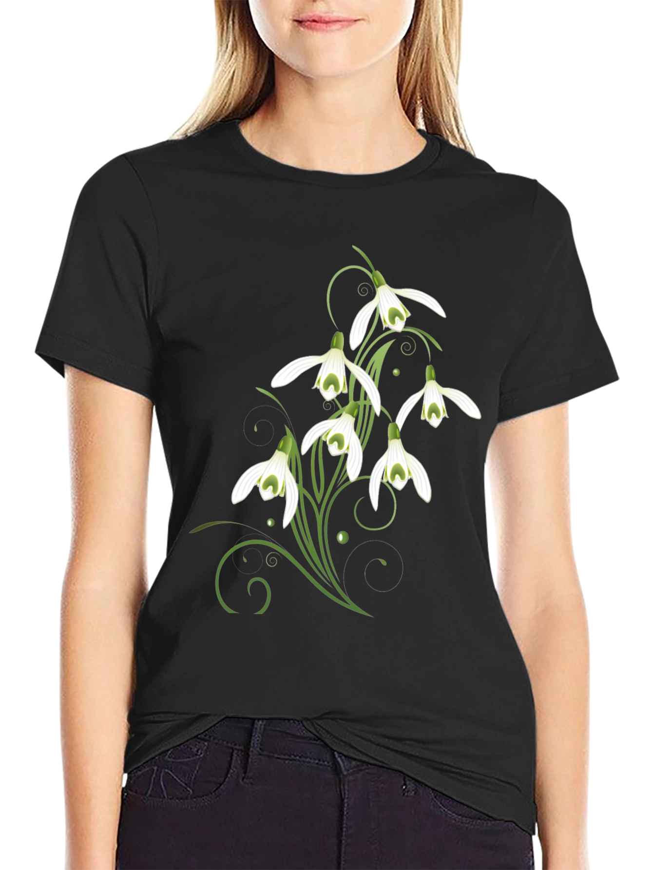 Snowdrop Flower Graphic Print Black T-Shirt