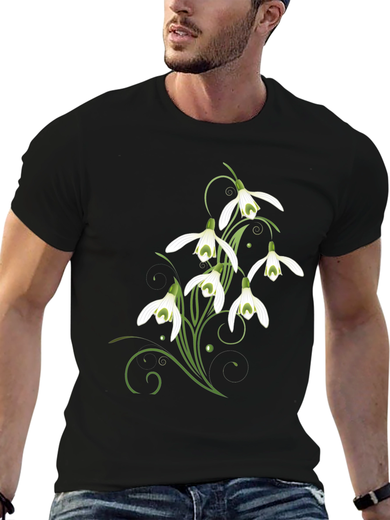 Snowdrop Flower Graphic Print Black T-Shirt