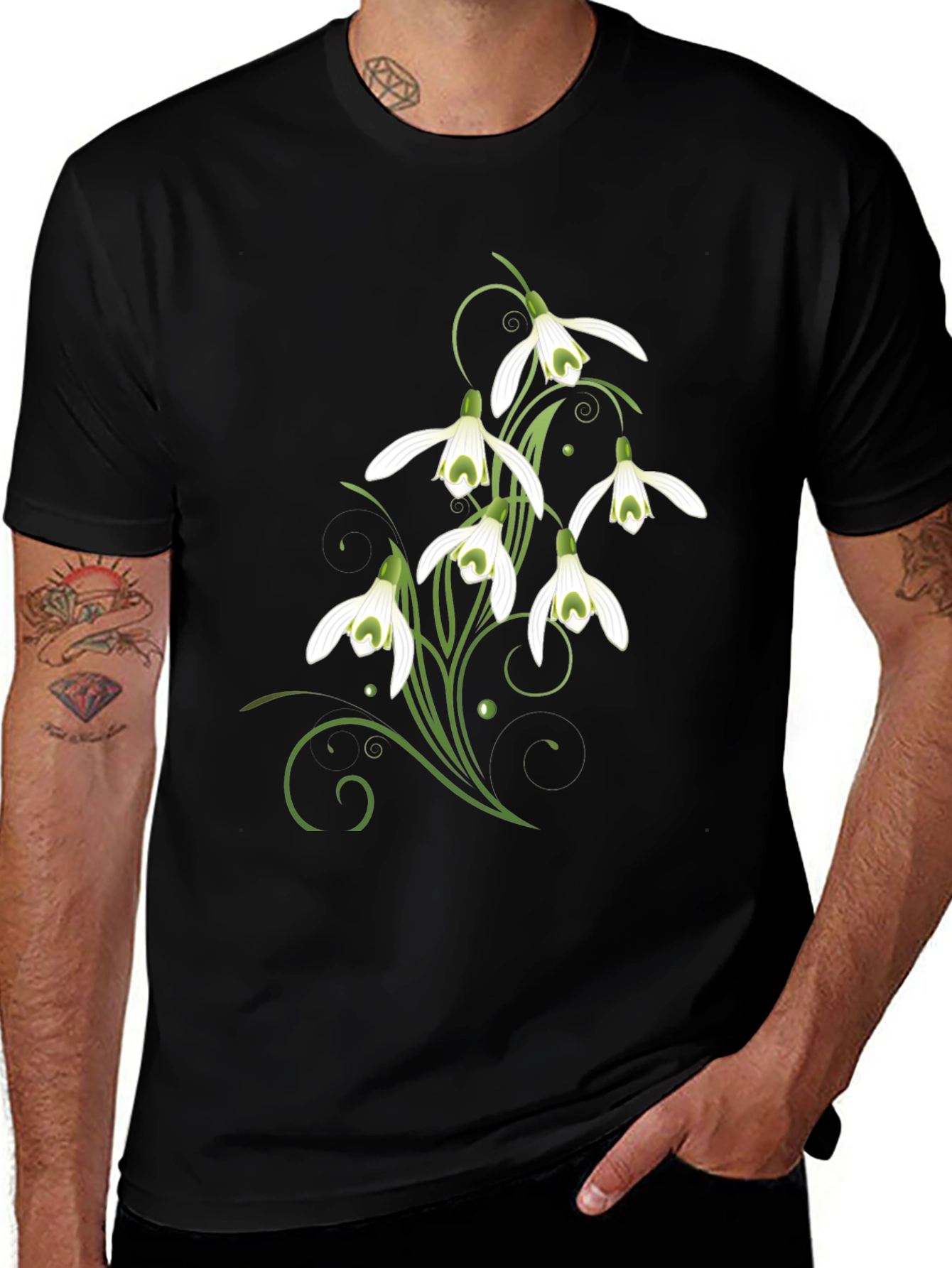 Snowdrop Flower Graphic Print Black T-Shirt