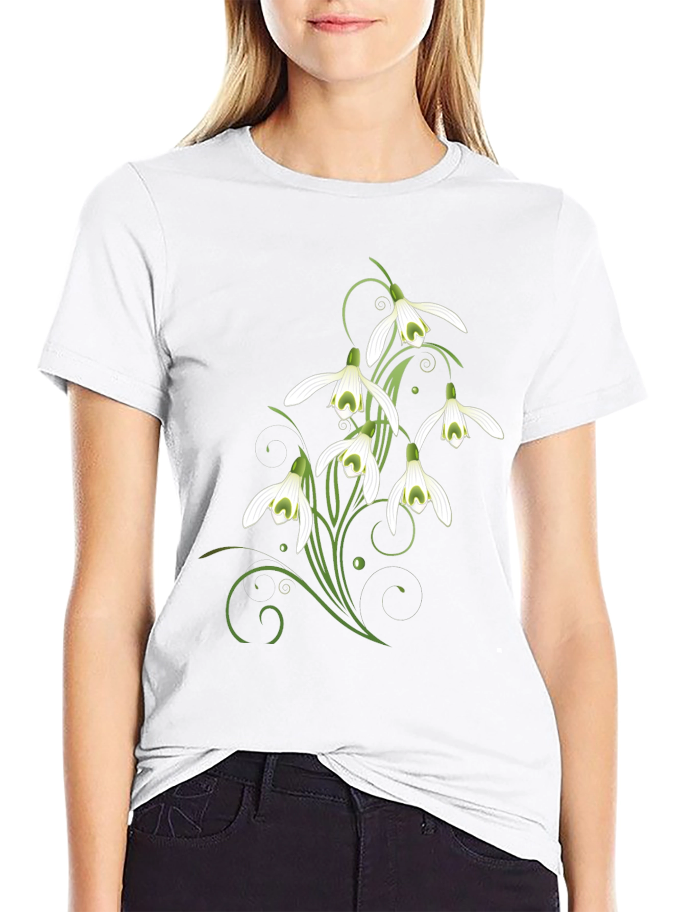 Snowdrop Flower Graphic Print Black T-Shirt
