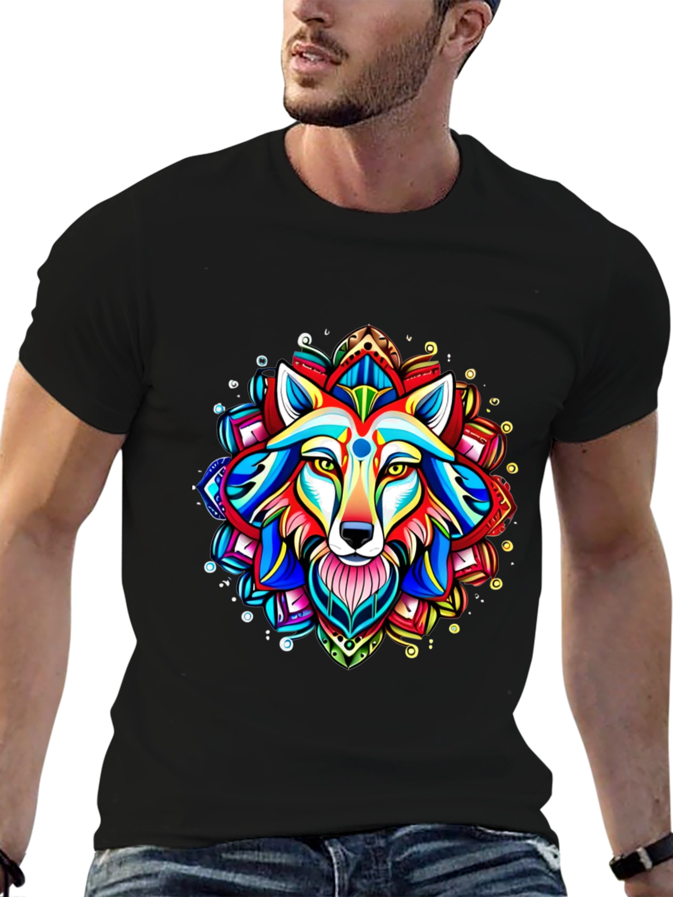 Vibrant Wolf Mandala Graphic Tee - Black Cotton T-Shirt