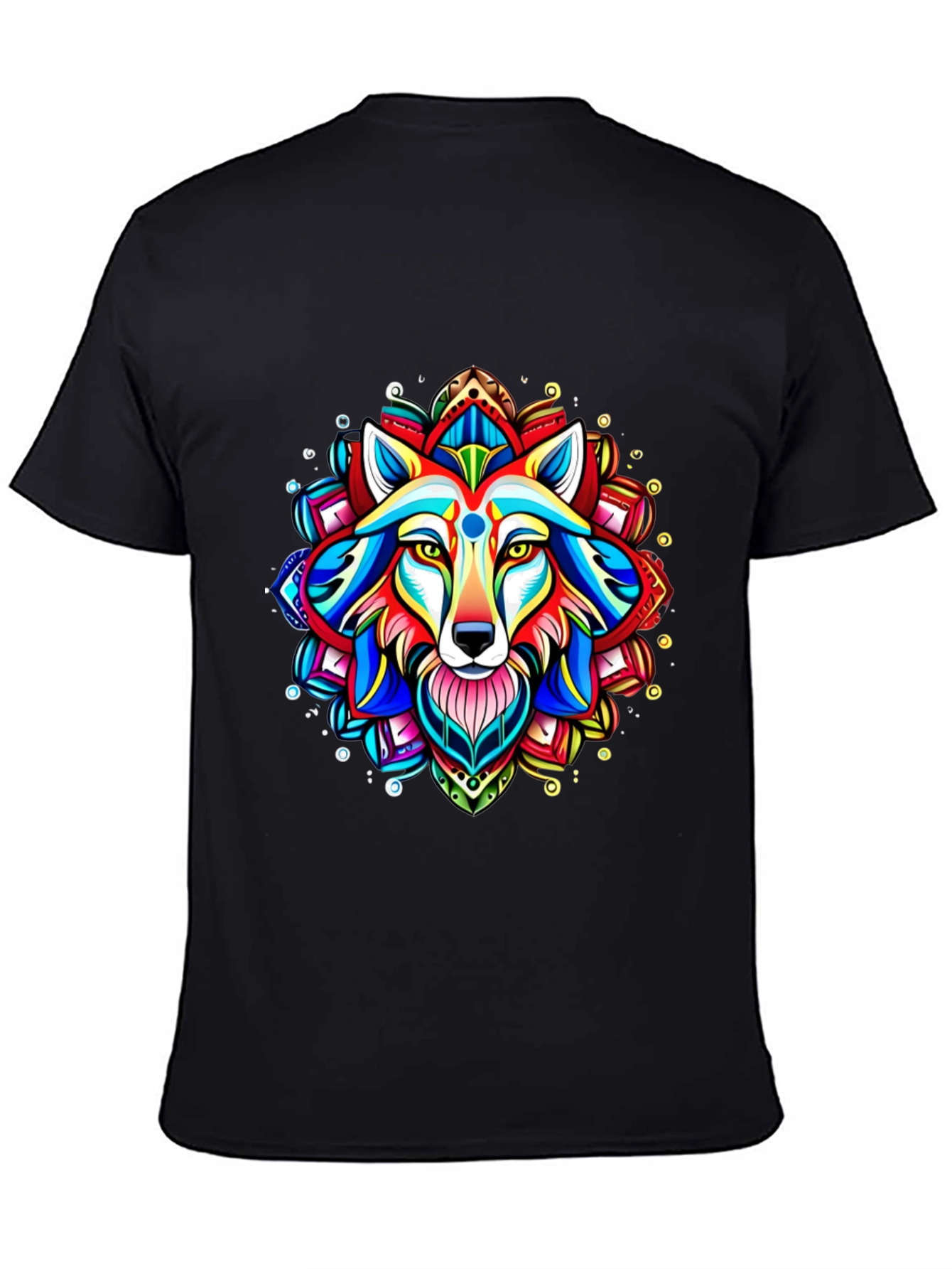 Vibrant Wolf Mandala Graphic Tee - Black Cotton T-Shirt