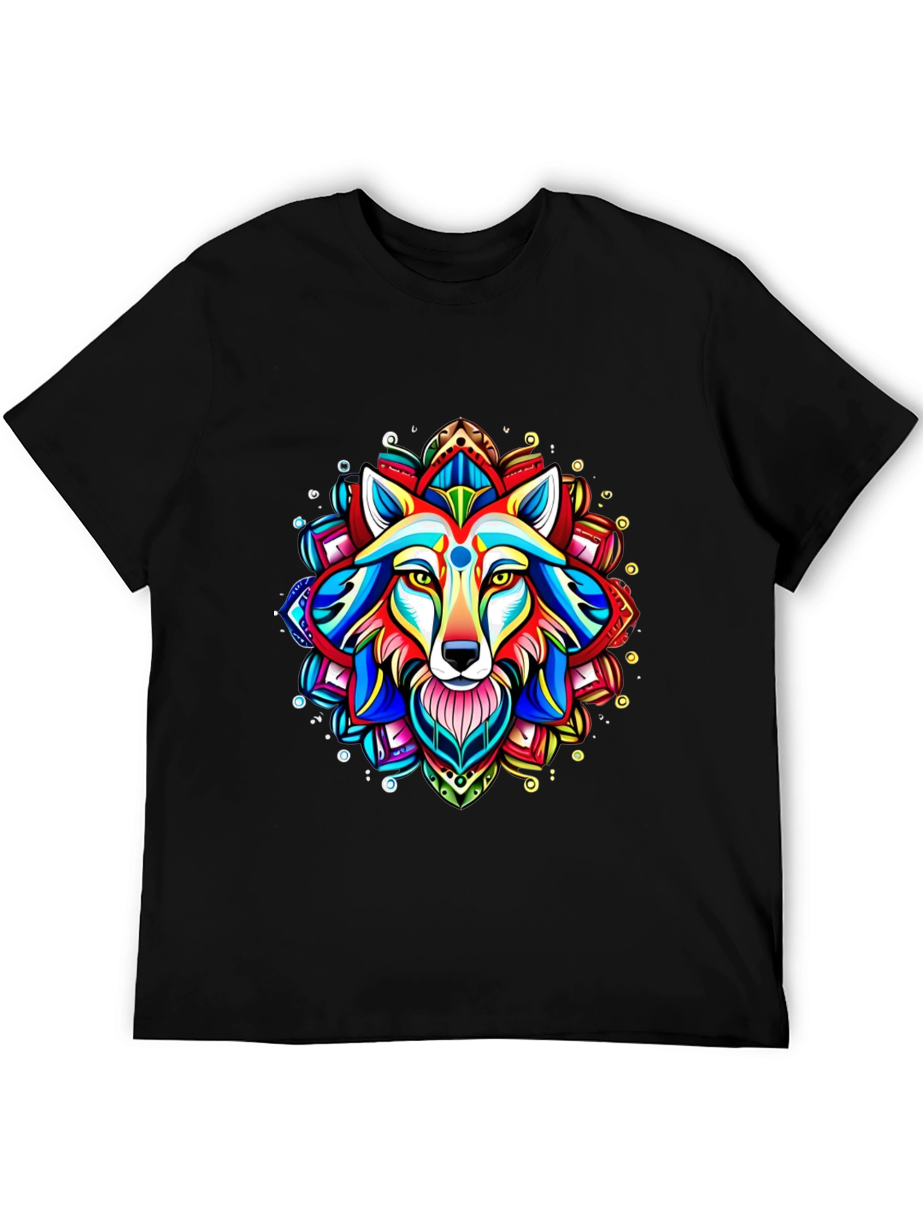 Vibrant Wolf Mandala Graphic Tee - Black Cotton T-Shirt