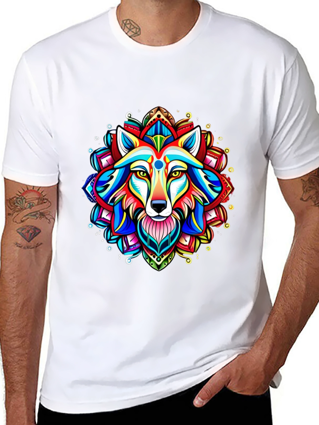 Vibrant Wolf Mandala Graphic Tee - Black Cotton T-Shirt