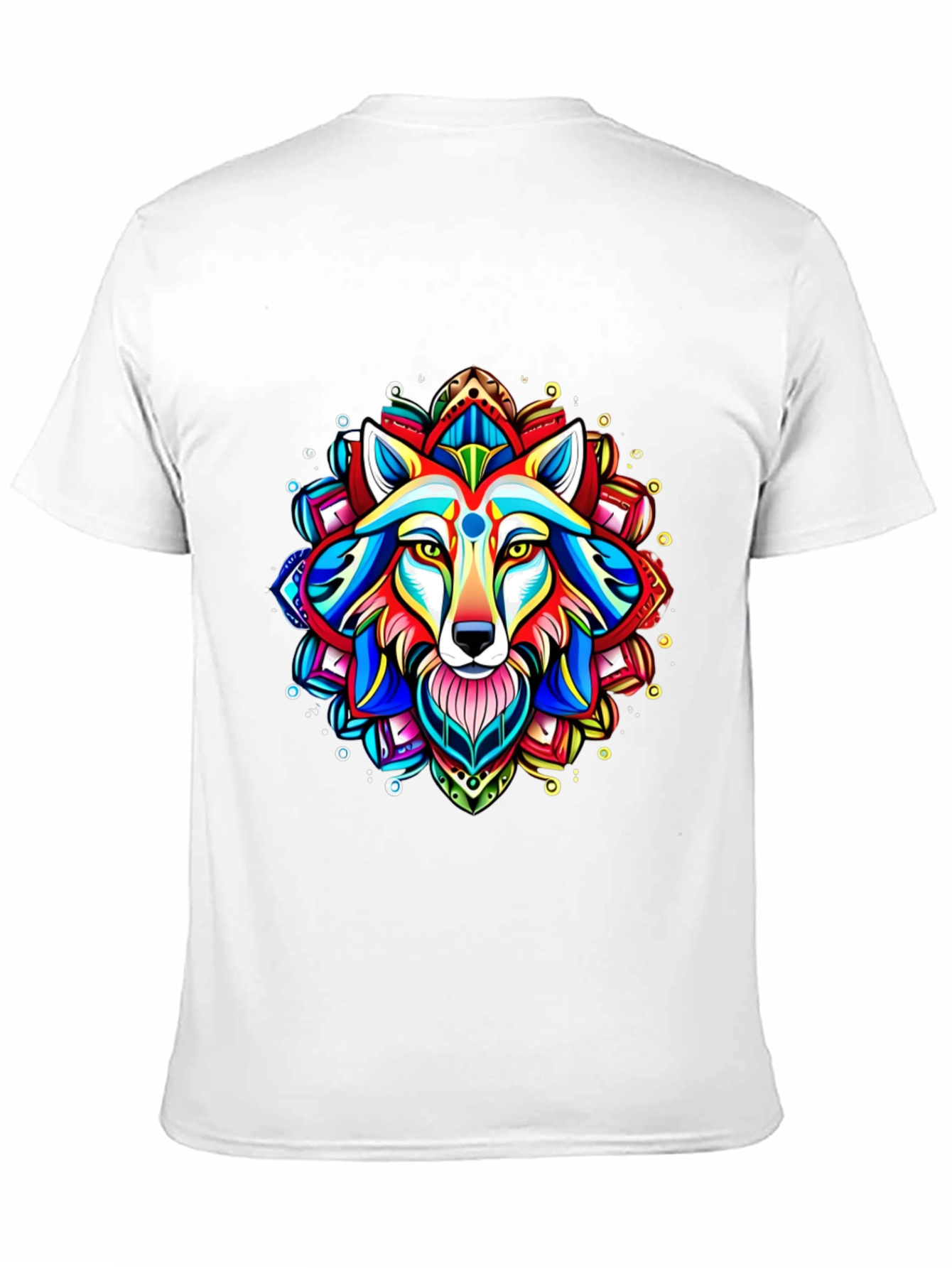 Vibrant Wolf Mandala Graphic Tee - Black Cotton T-Shirt