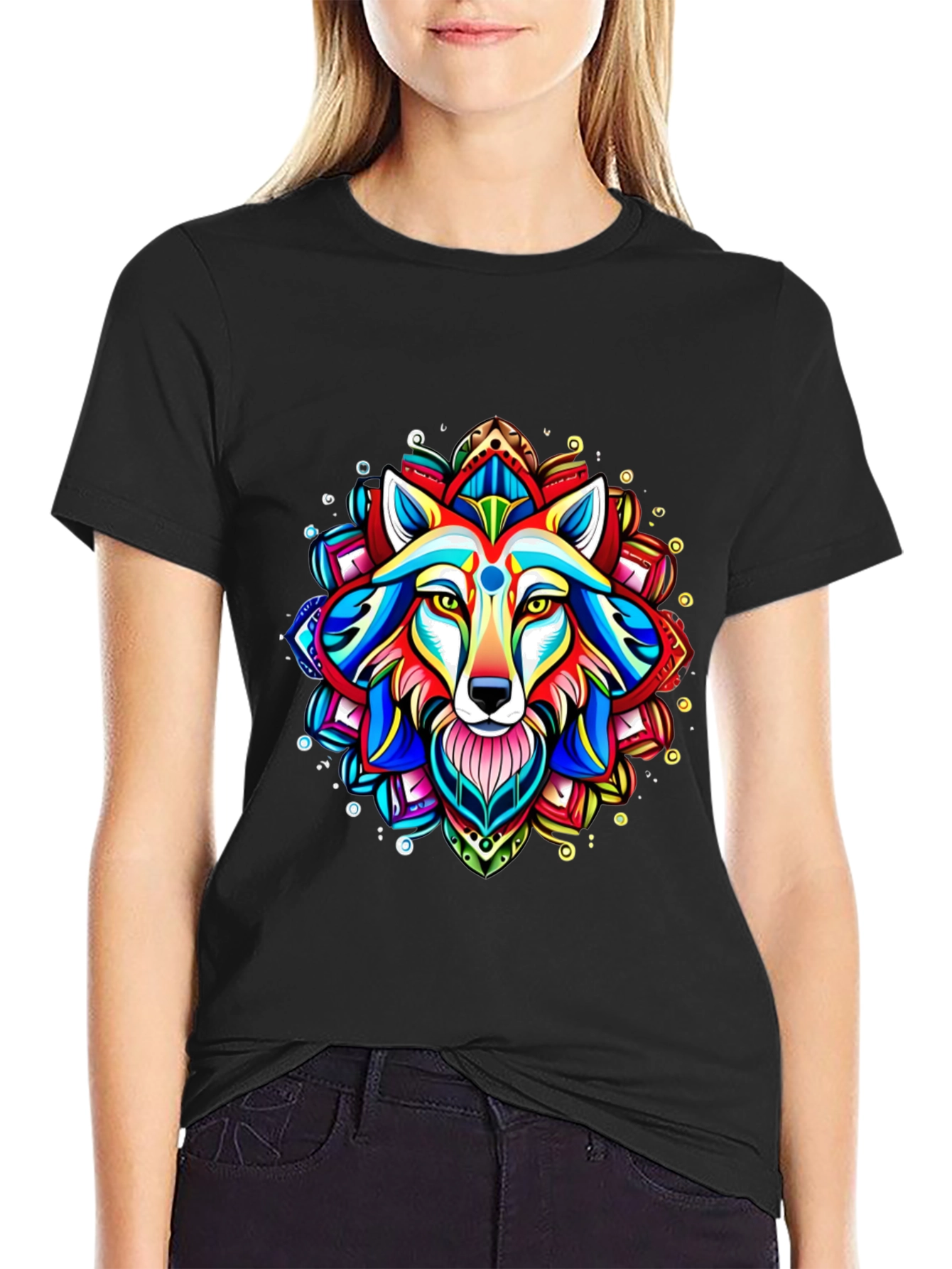Vibrant Wolf Mandala Graphic Tee - Black Cotton T-Shirt