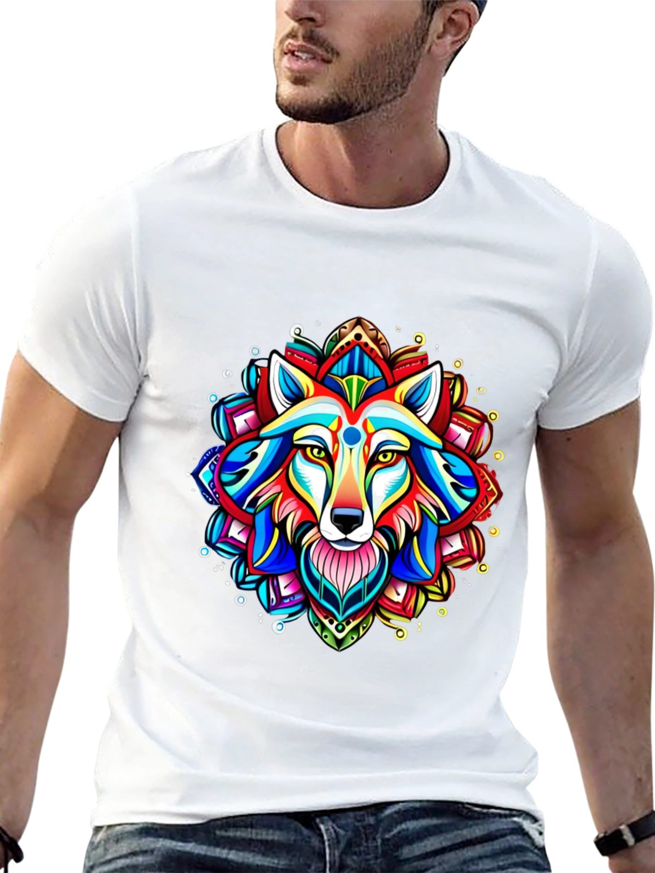 Vibrant Wolf Mandala Graphic Tee - Black Cotton T-Shirt