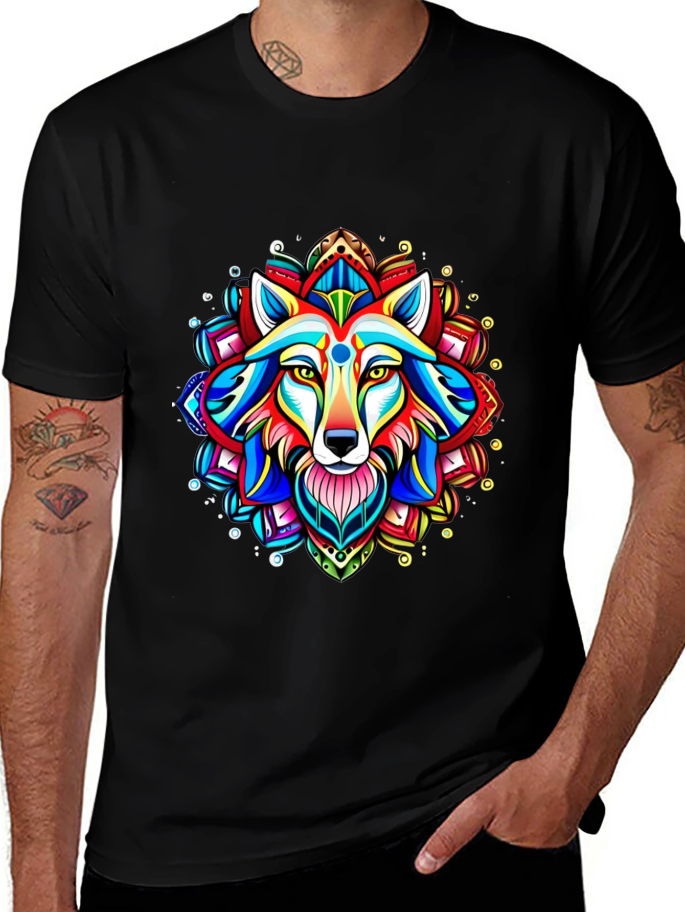 Vibrant Wolf Mandala Graphic Tee - Black Cotton T-Shirt