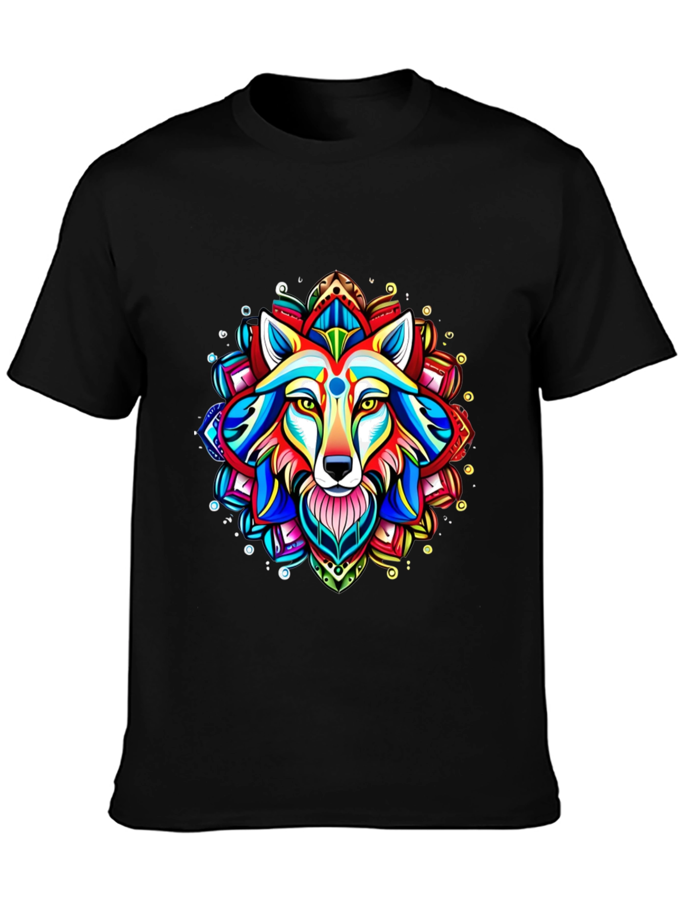 Vibrant Wolf Mandala Graphic Tee - Black Cotton T-Shirt