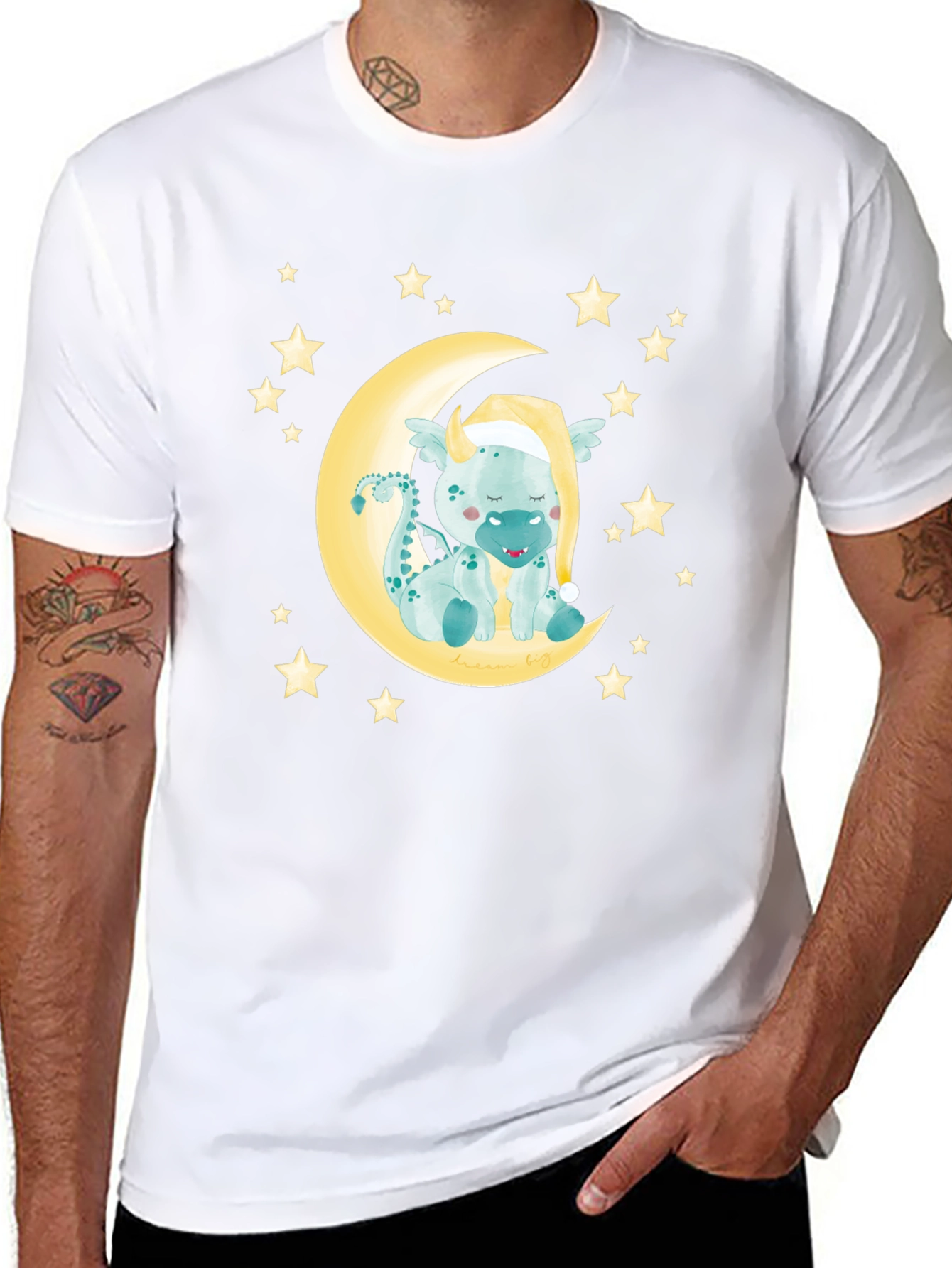Cute Dragon on Moon Graphic Tee - Black