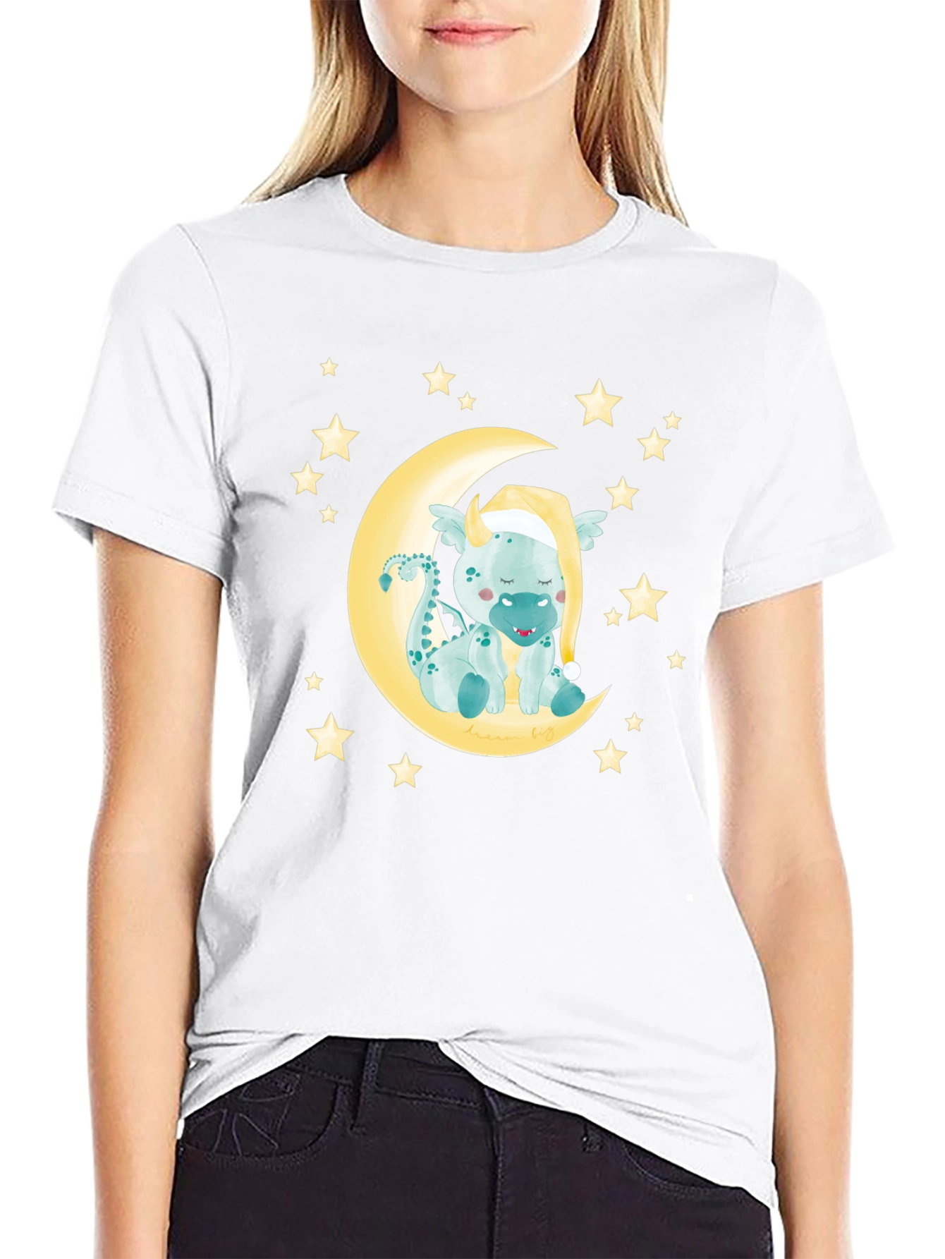 Cute Dragon on Moon Graphic Tee - Black