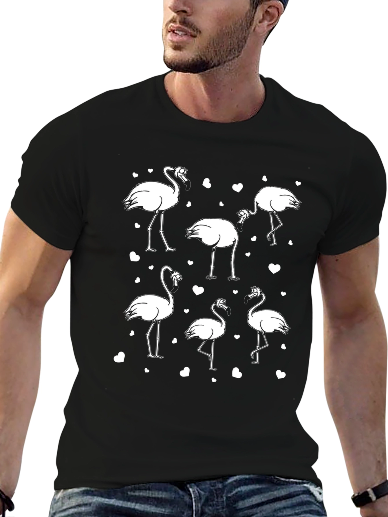 Black Flamingo Heart Graphic Tee for Men