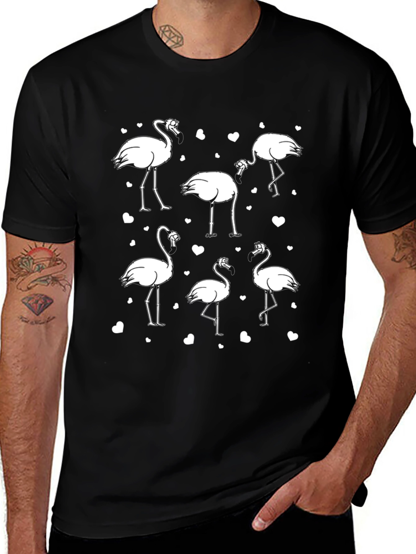 Black Flamingo Heart Graphic Tee for Men