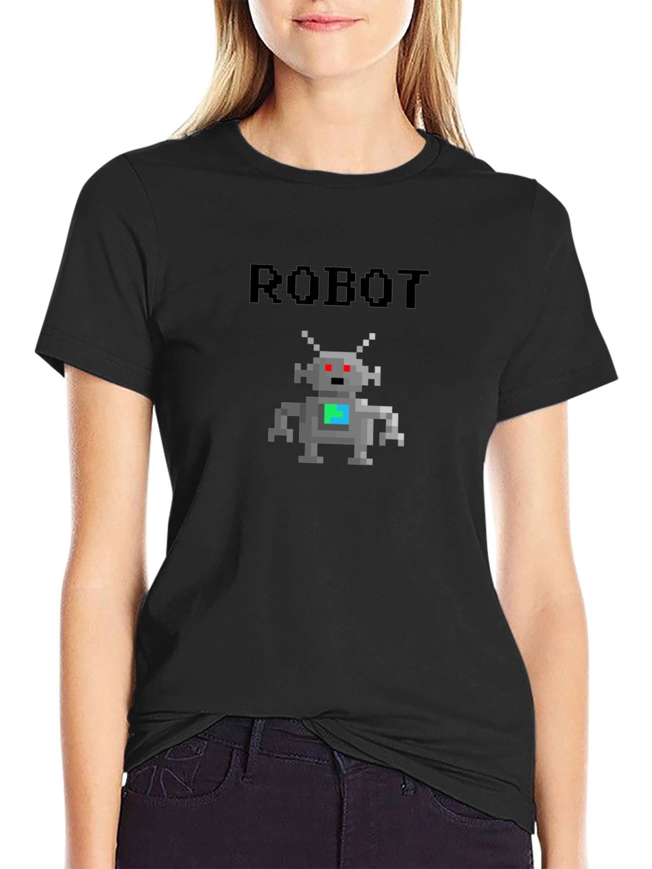 Retro Robot Pixel Art Graphic T-Shirt - Black