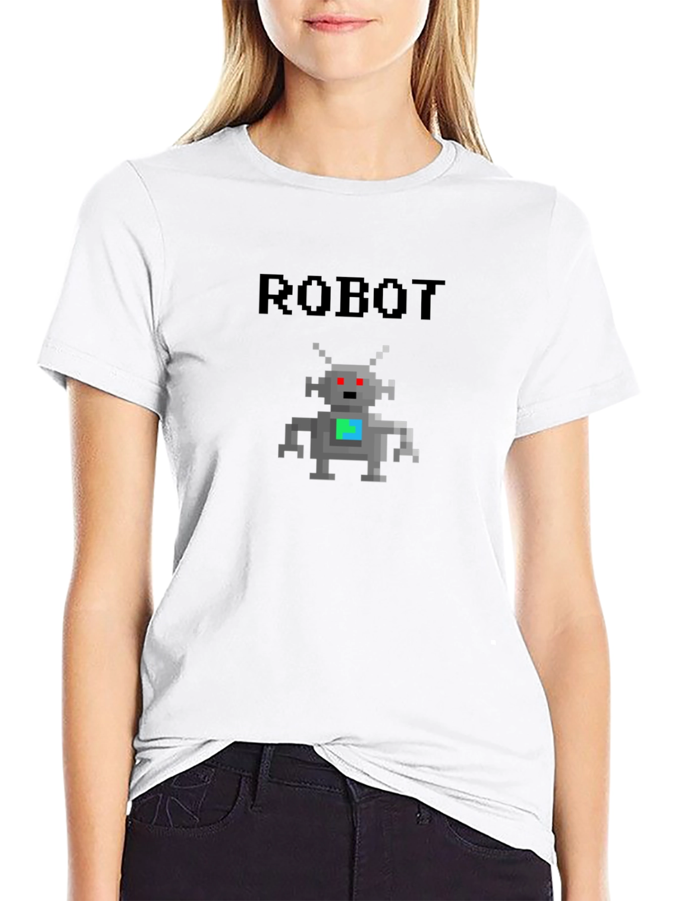 Retro Robot Pixel Art Graphic T-Shirt - Black