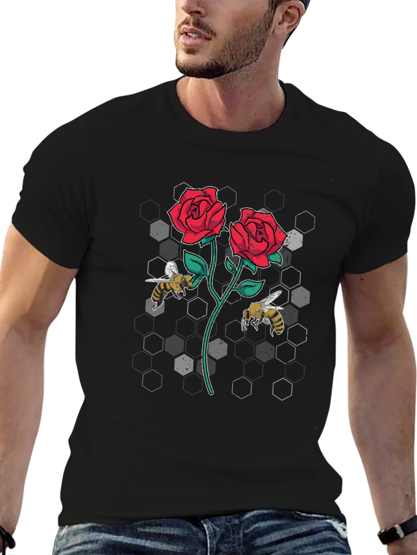 Rose and Bee Graphic T-Shirt - Black