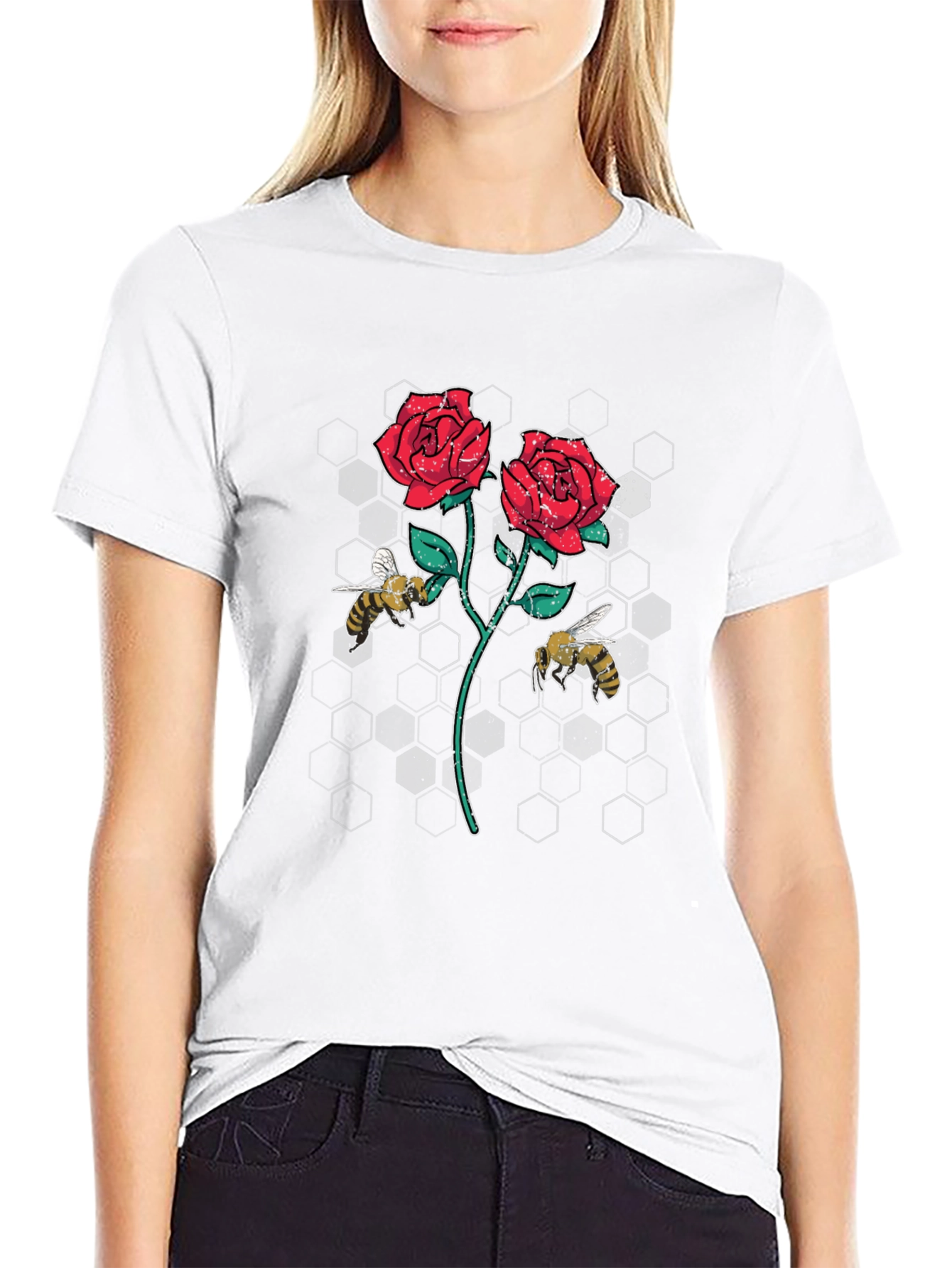 Rose and Bee Graphic T-Shirt - Black
