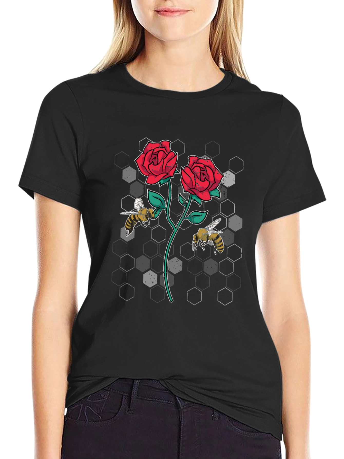 Rose and Bee Graphic T-Shirt - Black