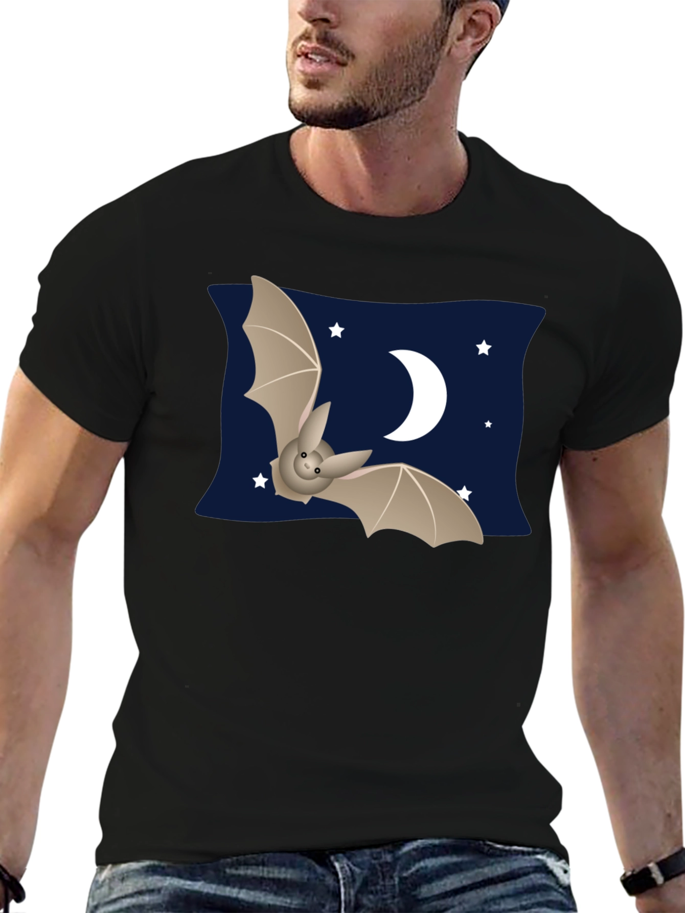 Cute Bat & Moon Graphic T-Shirt - Black
