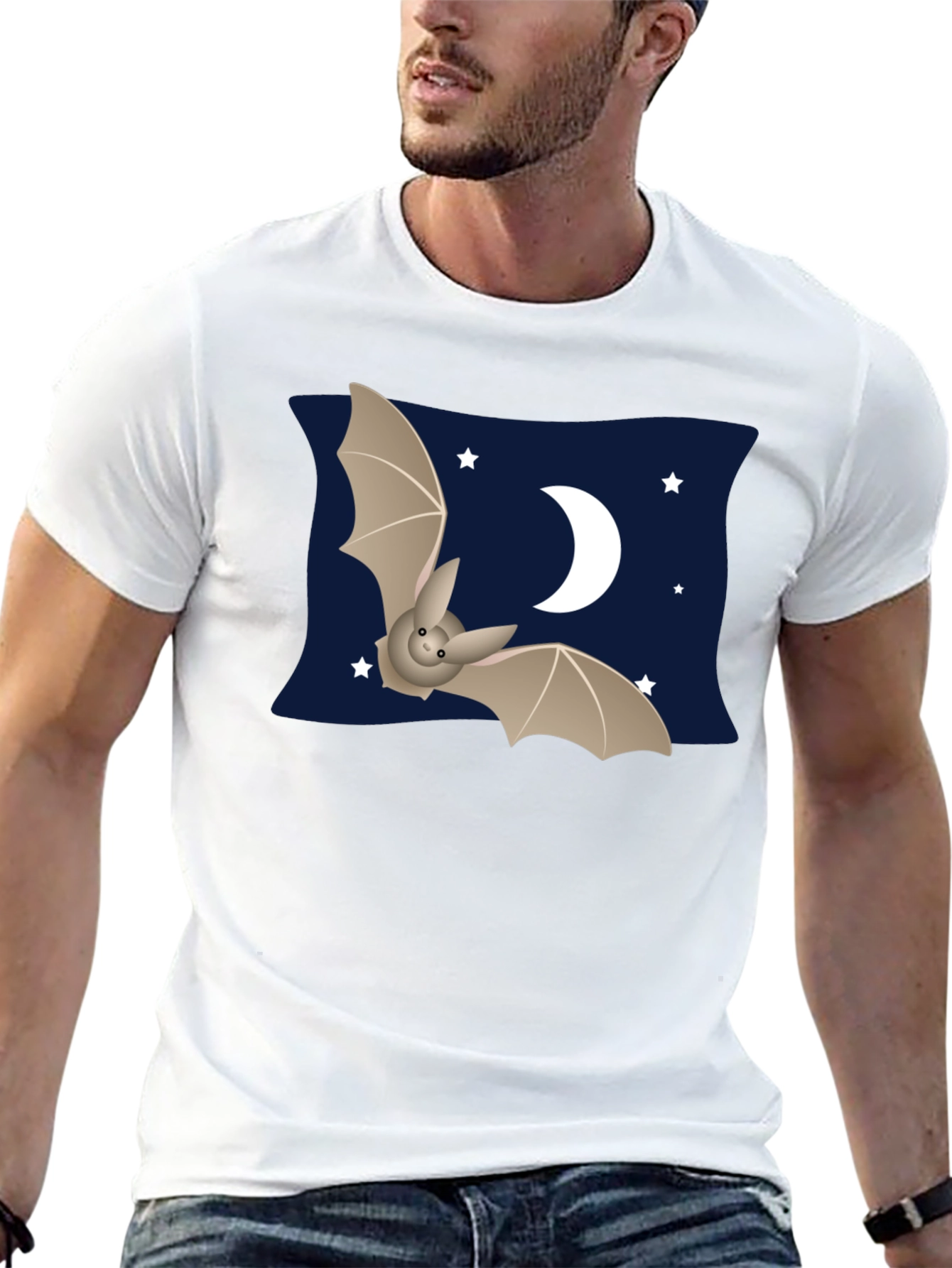 Cute Bat & Moon Graphic T-Shirt - Black