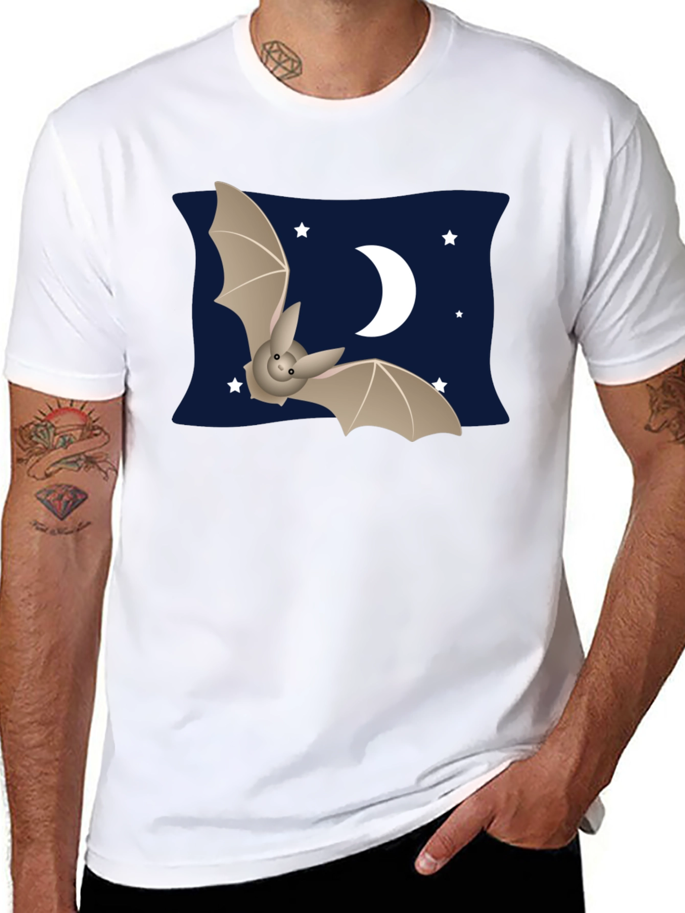 Cute Bat & Moon Graphic T-Shirt - Black