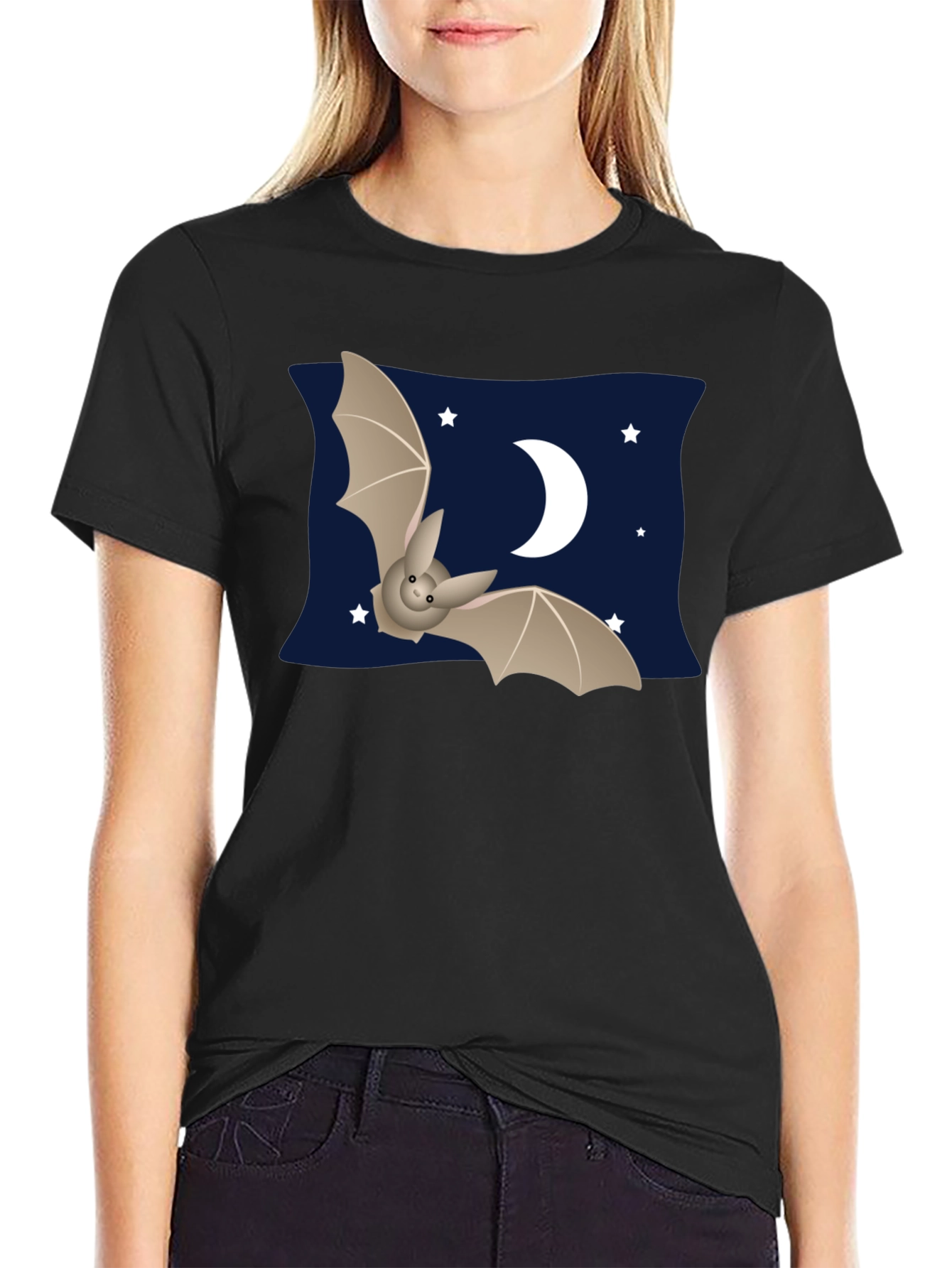 Cute Bat & Moon Graphic T-Shirt - Black