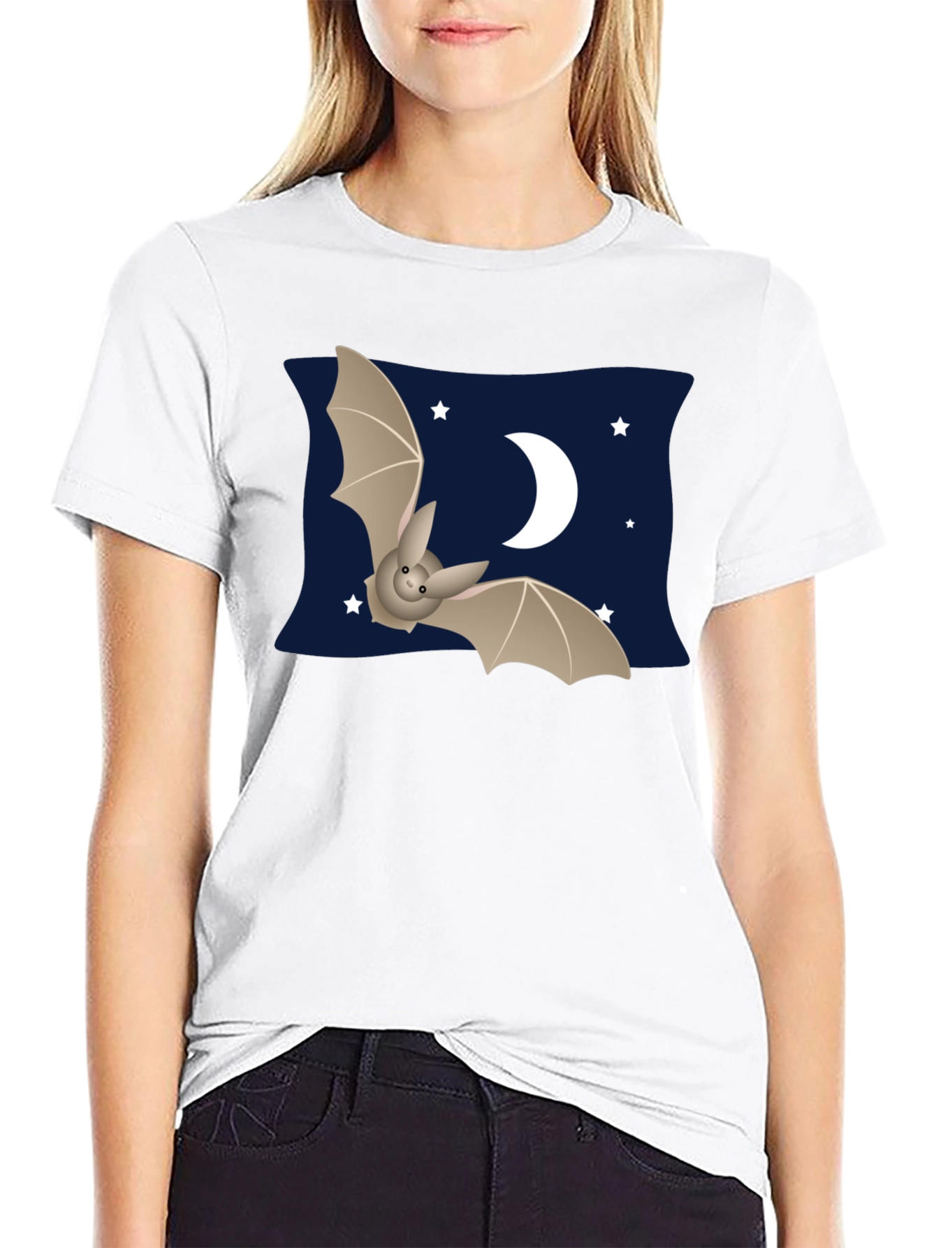 Cute Bat & Moon Graphic T-Shirt - Black