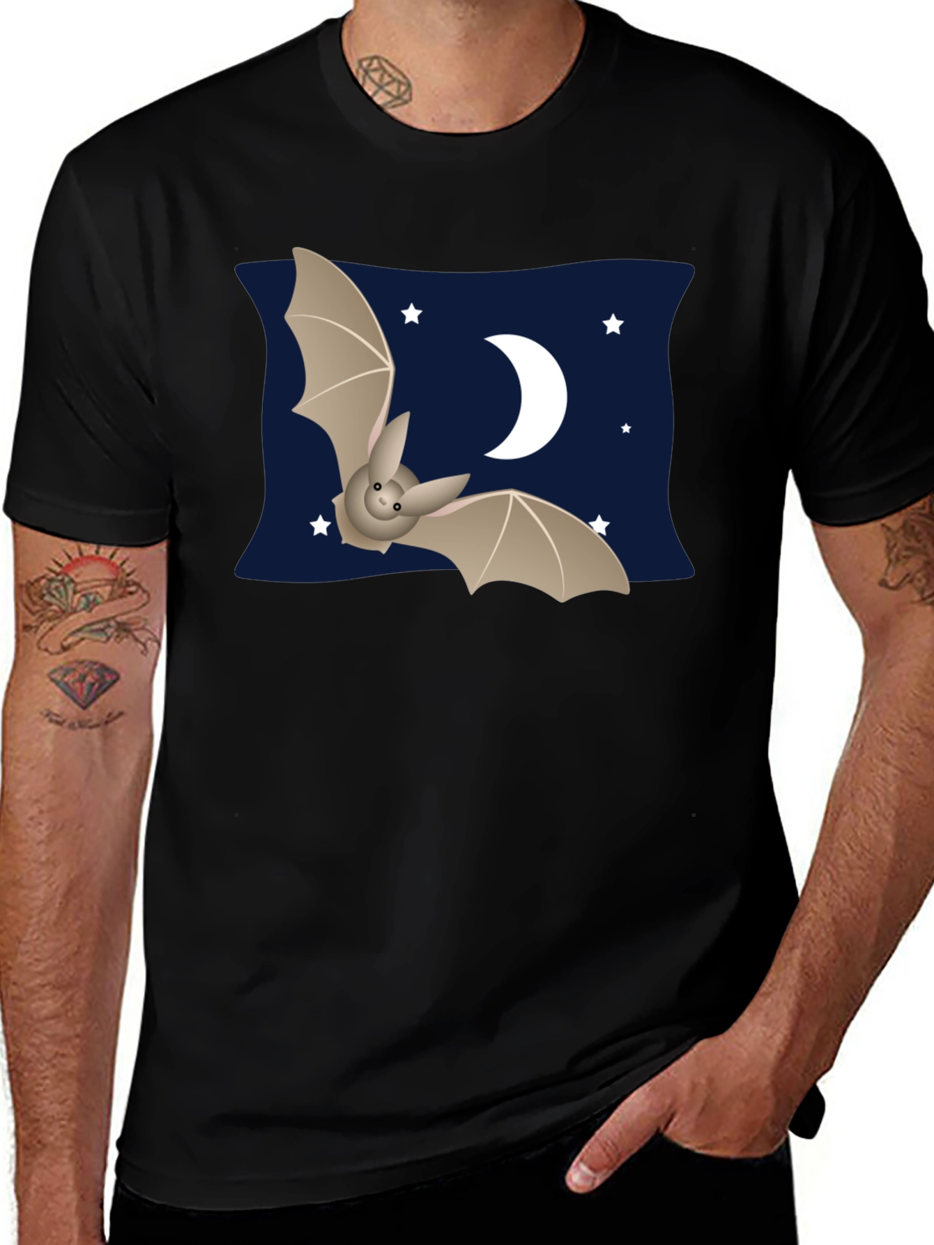 Cute Bat & Moon Graphic T-Shirt - Black