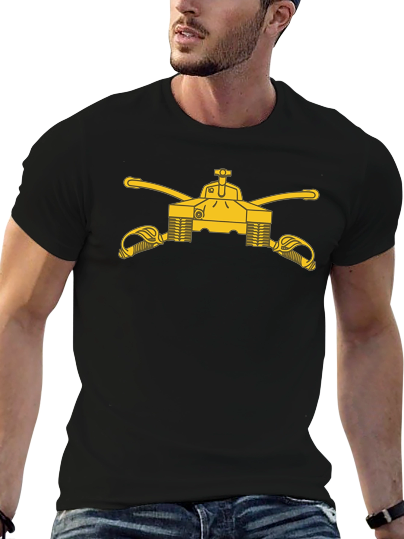 Black T-Shirt with Cavalry Tank & Swords Graphic