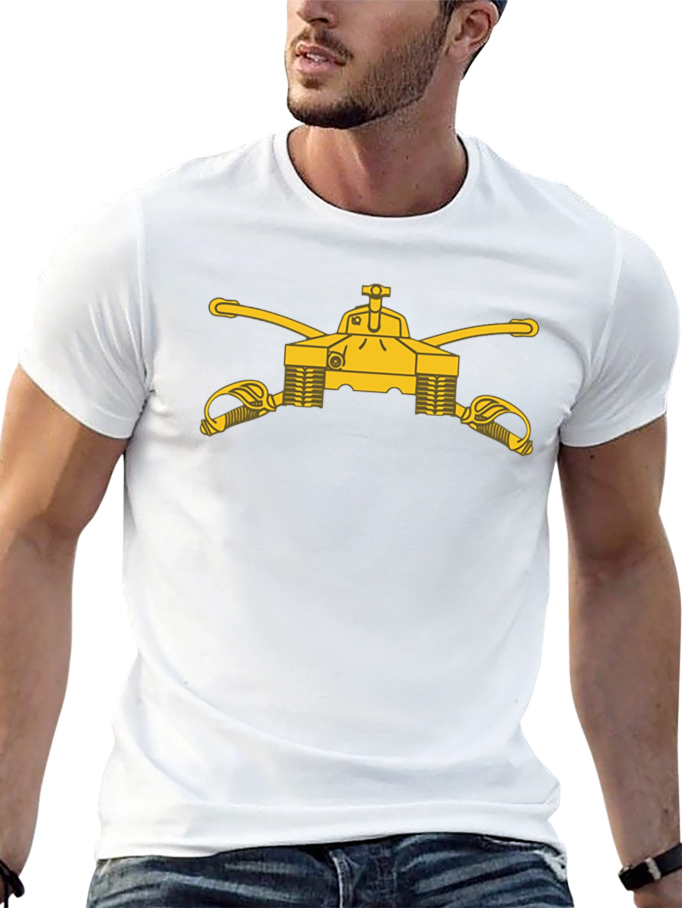 Black T-Shirt with Cavalry Tank & Swords Graphic