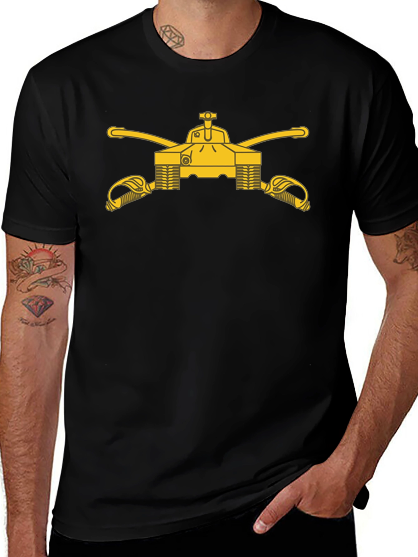 Black T-Shirt with Cavalry Tank & Swords Graphic
