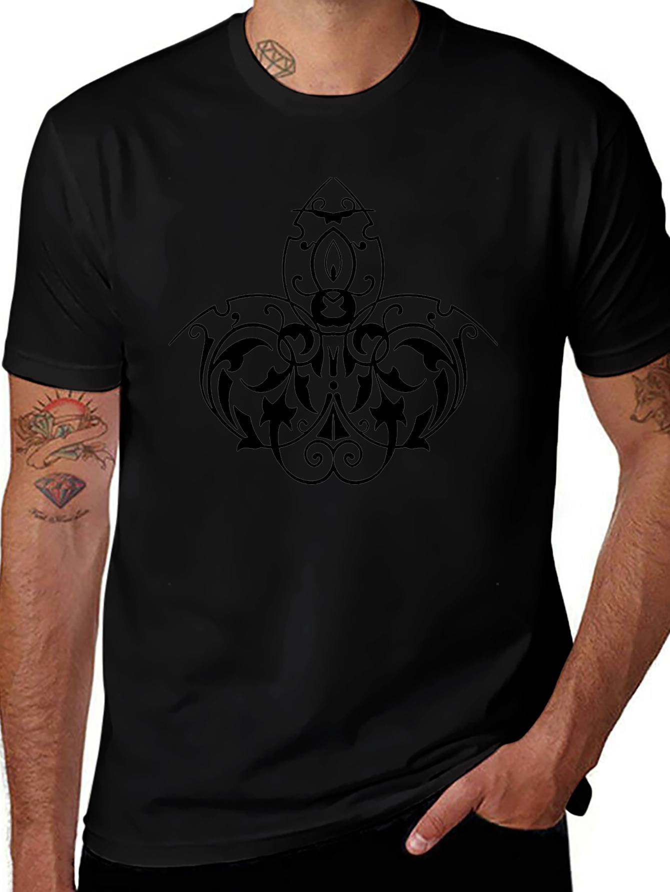 Elegant Black Tee with Intricate Floral Design