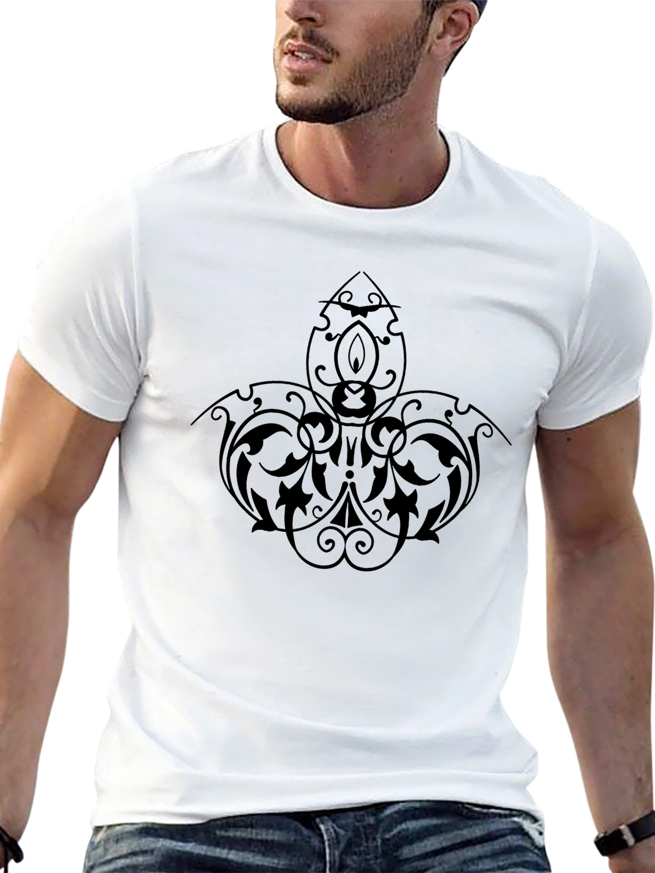 Elegant Black Tee with Intricate Floral Design