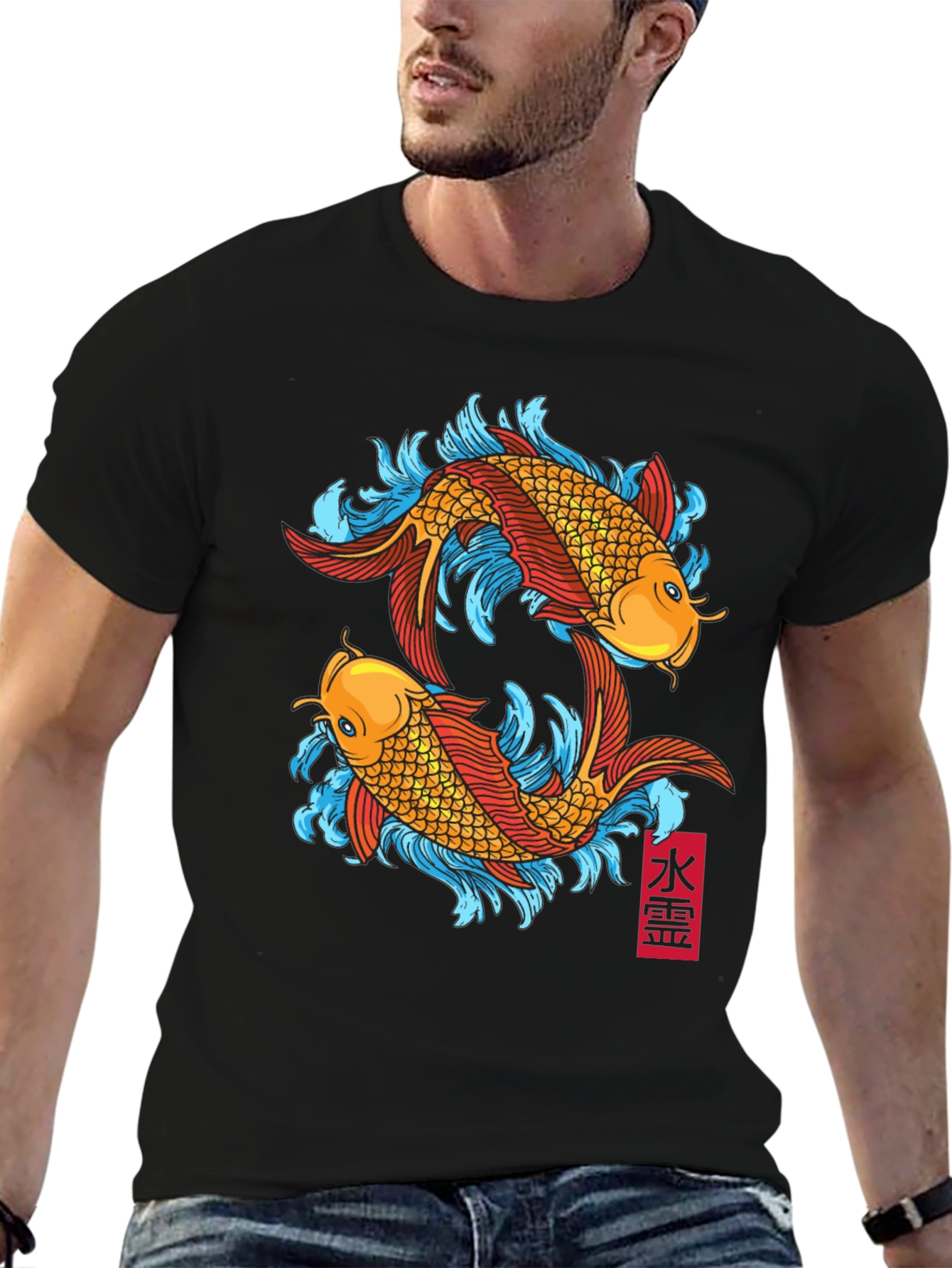 Koi Fish Graphic Tee - Black Cotton T-Shirt
