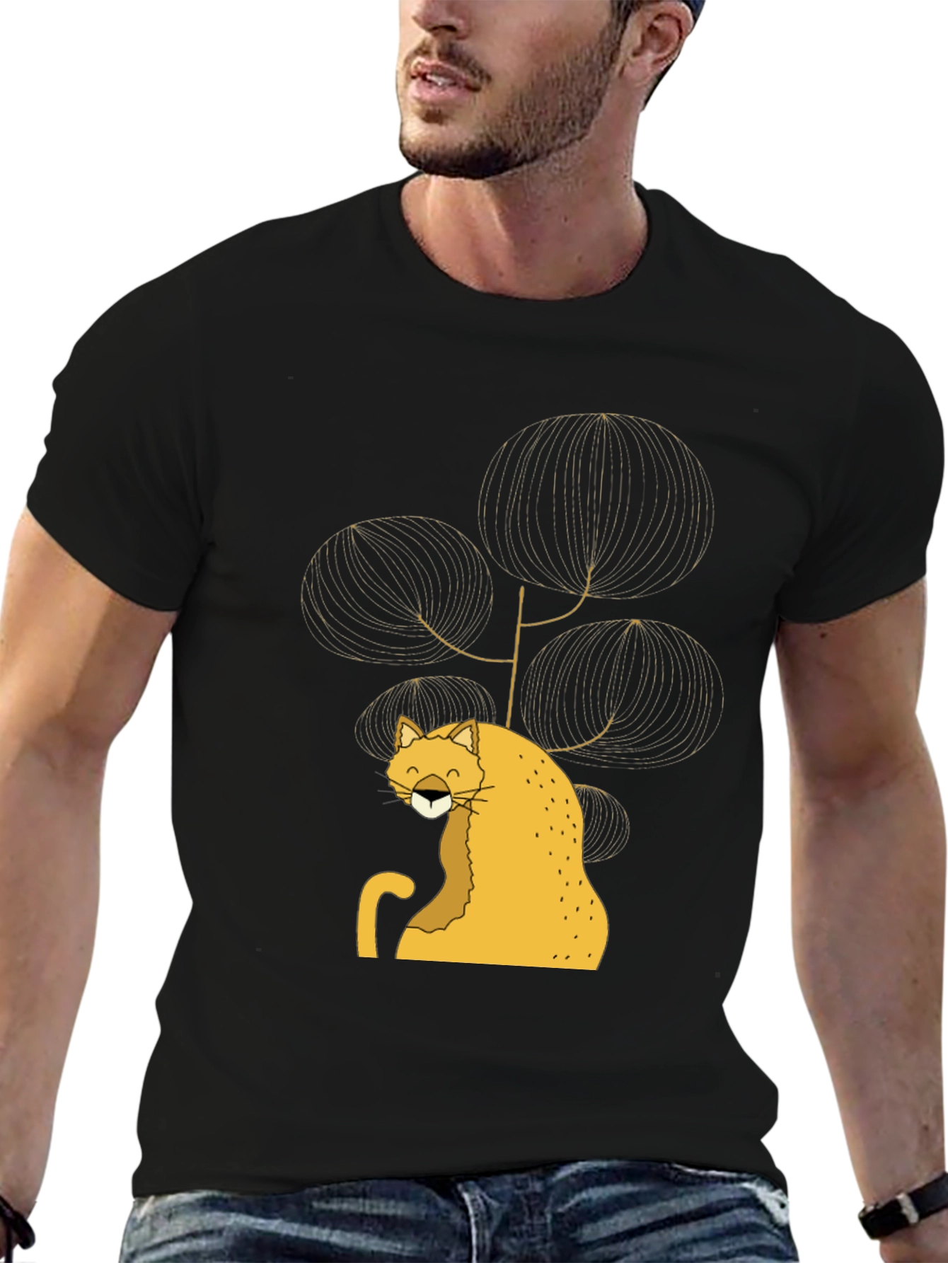 Stylish Black Tee with Whimsical Cat Design