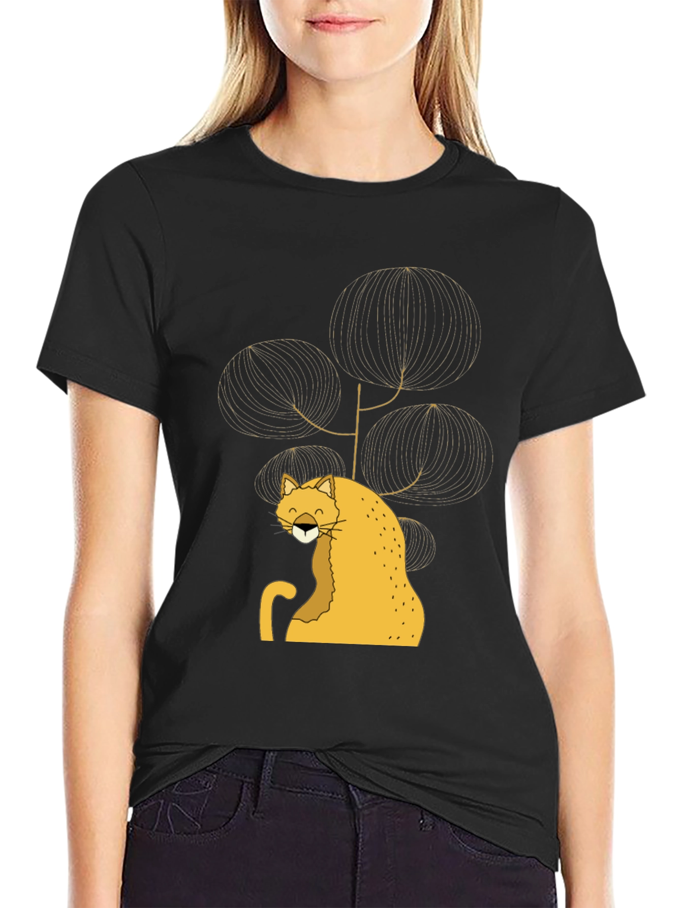 Stylish Black Tee with Whimsical Cat Design
