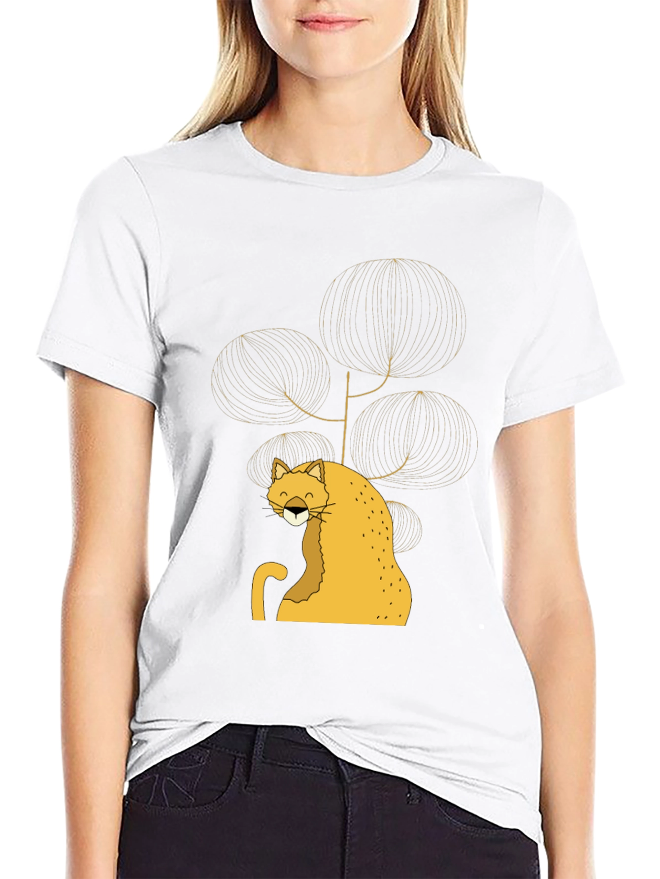 Stylish Black Tee with Whimsical Cat Design