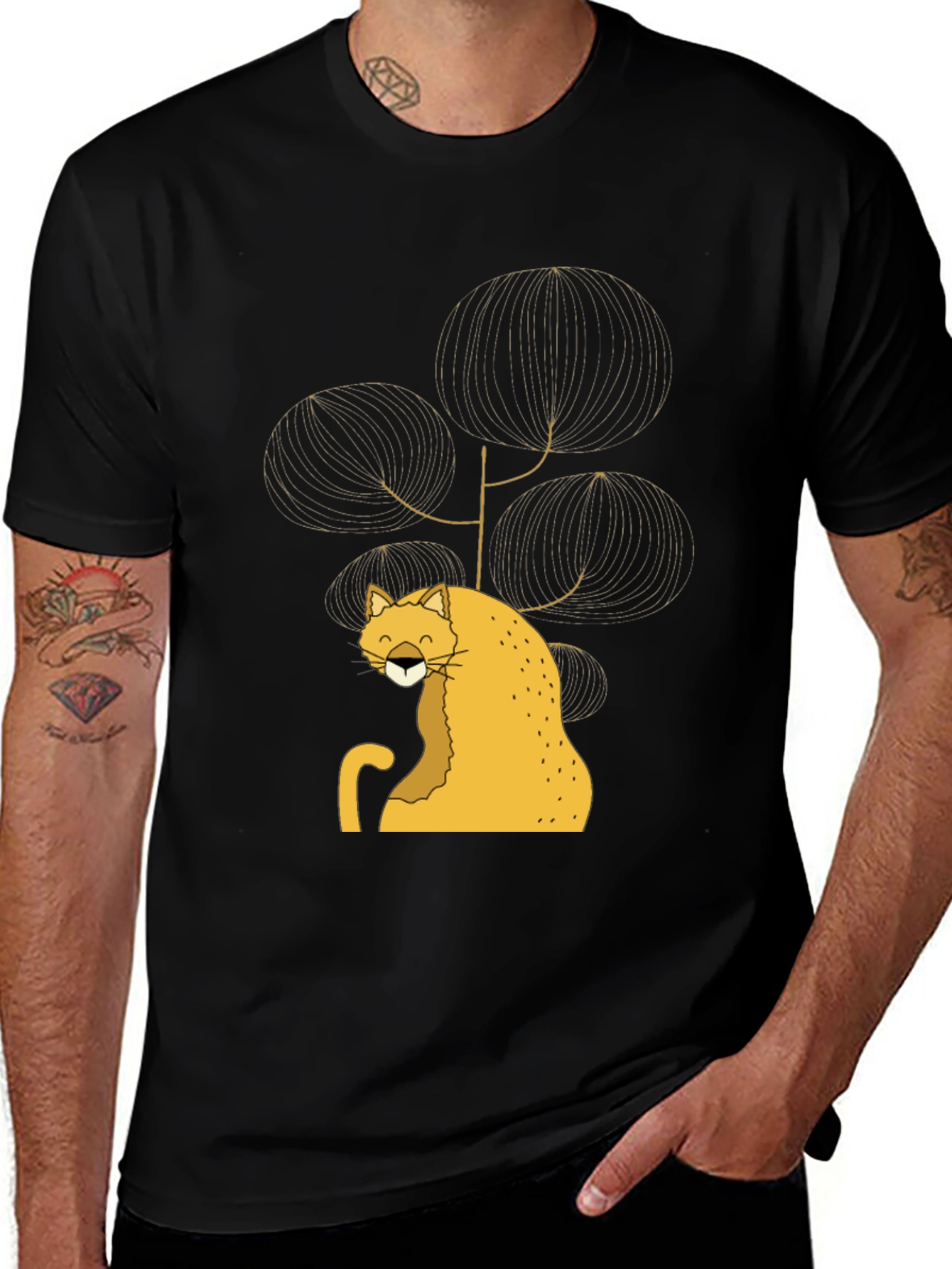Stylish Black Tee with Whimsical Cat Design