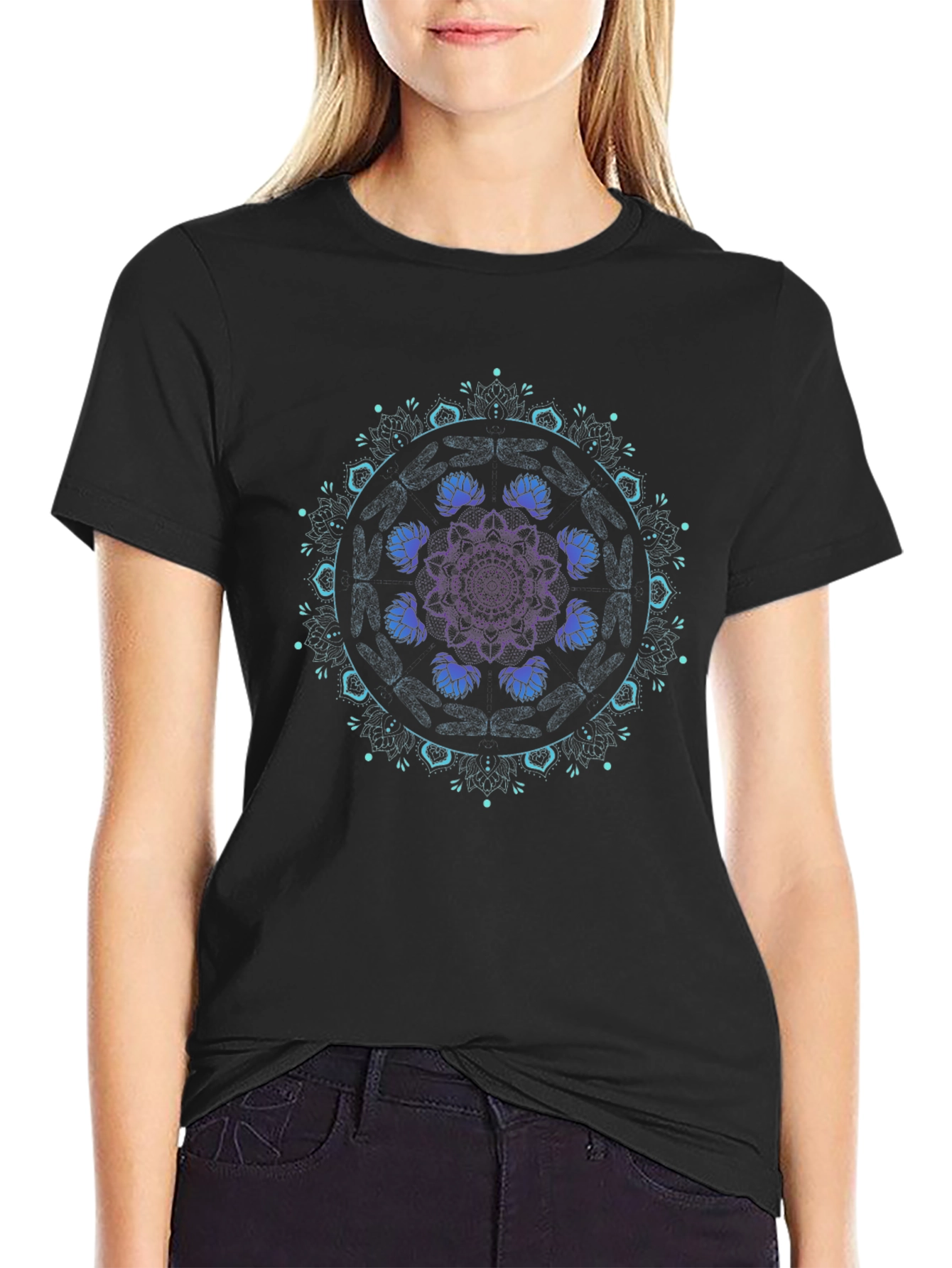 Mandala Lotus Graphic Tee - Black Cotton Blend
