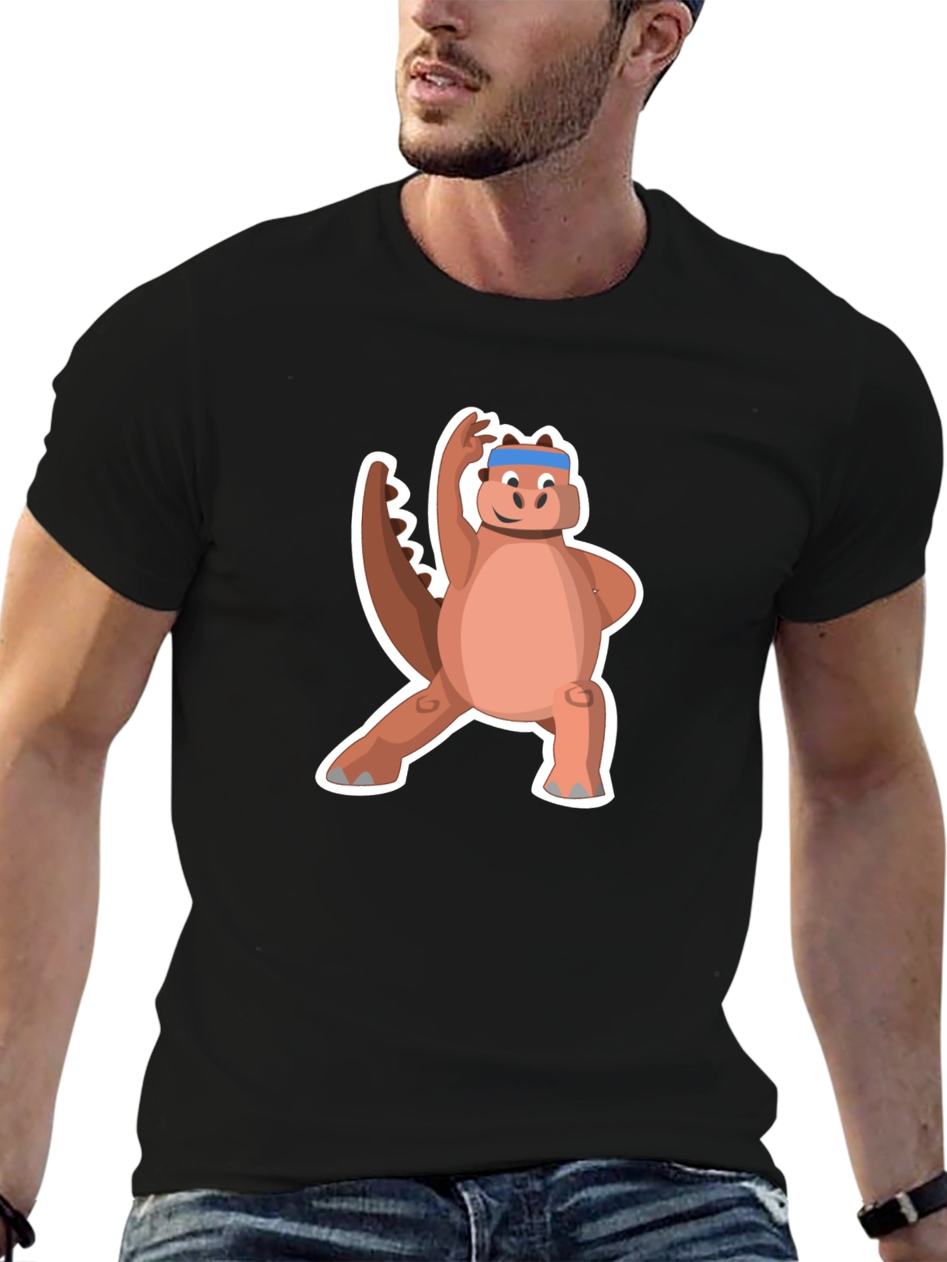 Cartoon Dinosaur Graphic Tee - Black